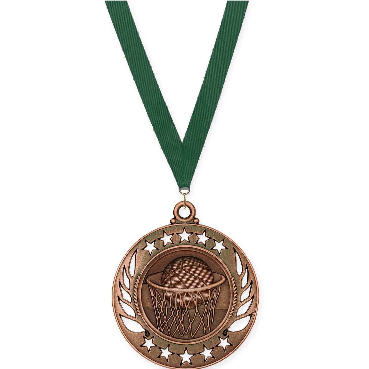 2 1/4 inch basketball Galaxy medal in antique bronze with Hunter Green neck ribbon