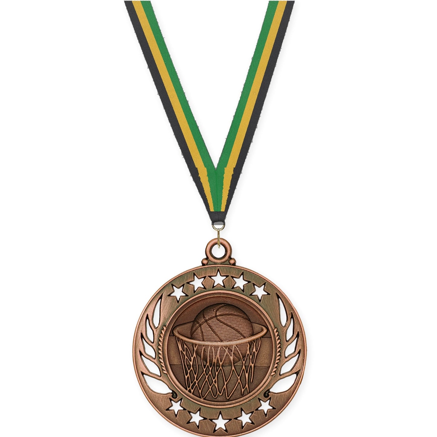2 1/4 inch basketball Galaxy medal in antique bronze with Black Gold Green neck ribbon