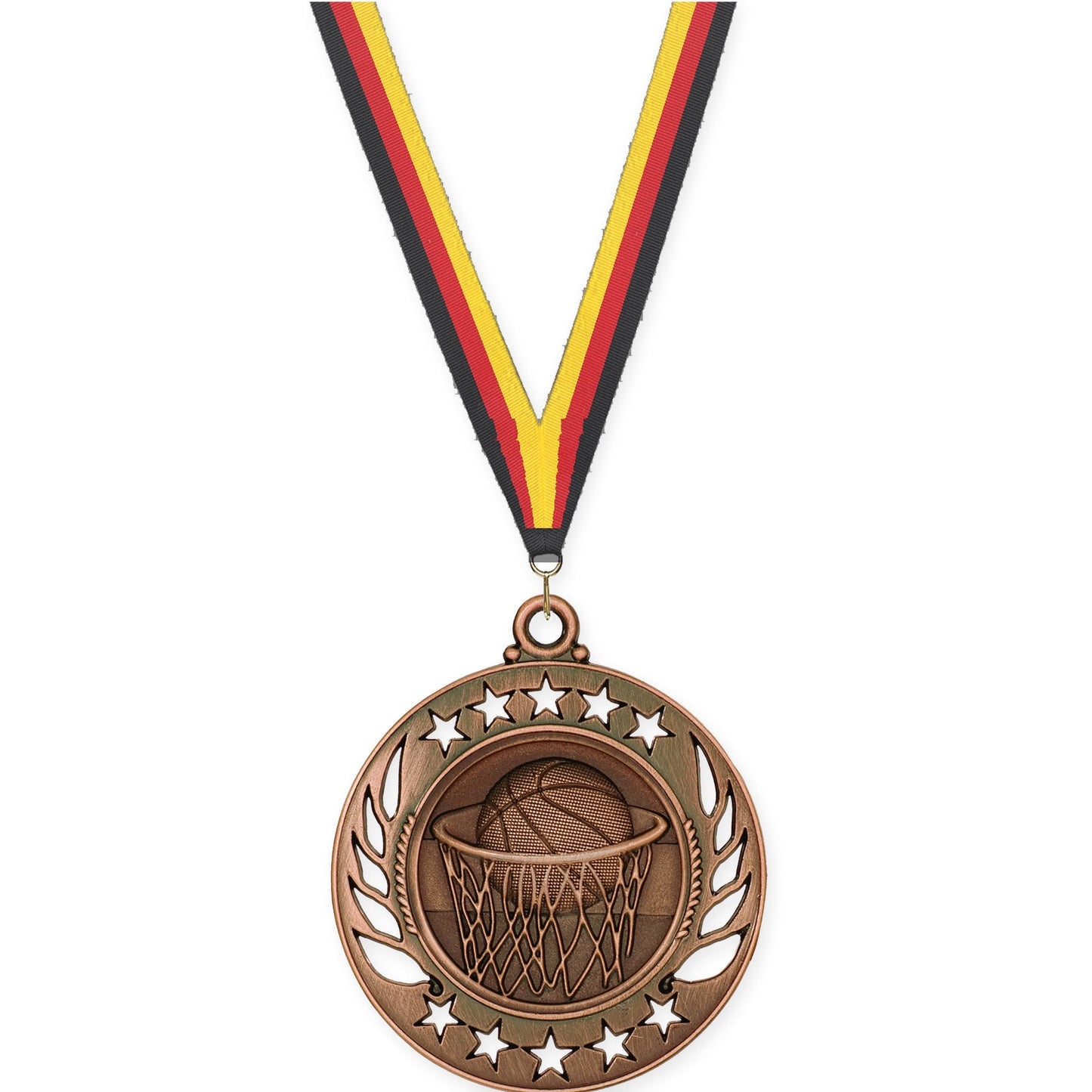 2 1/4 inch basketball Galaxy medal in antique bronze with Black Red Yellow neck ribbon