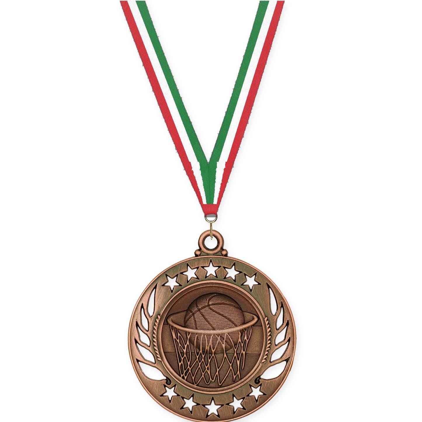 2 1/4 inch basketball Galaxy medal in antique bronze with Red White Green neck ribbon