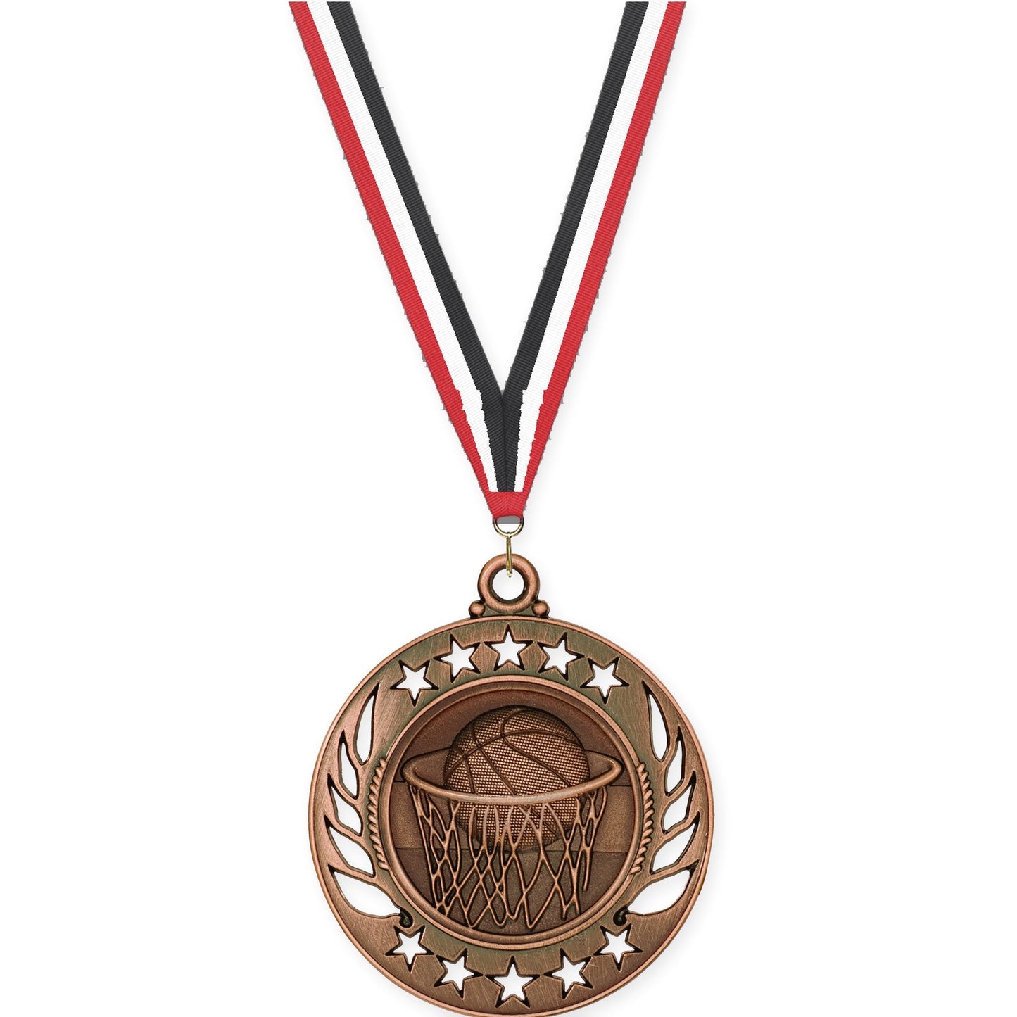 2 1/4 inch basketball Galaxy medal in antique bronze with Red White Black neck ribbon
