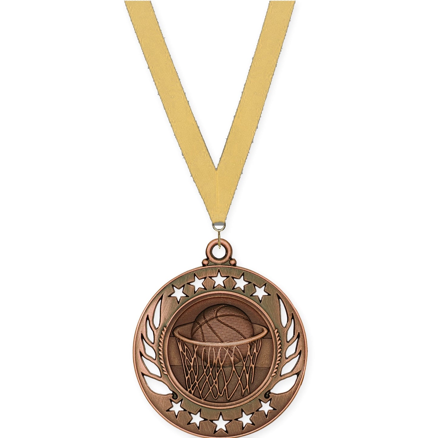 2 1/4 inch basketball Galaxy medal in antique bronze with Gold Metallic neck ribbon