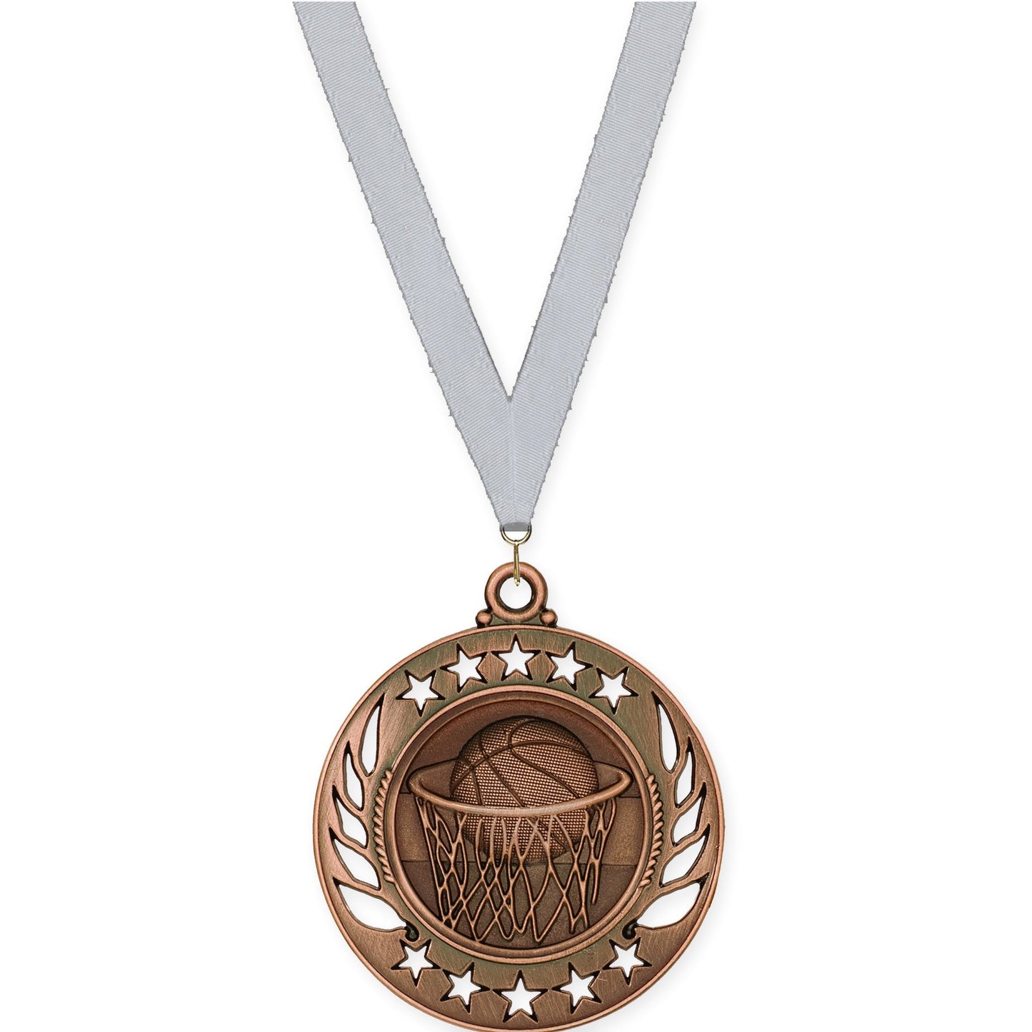 2 1/4 inch basketball Galaxy medal in antique bronze with Silver Metallic neck ribbon