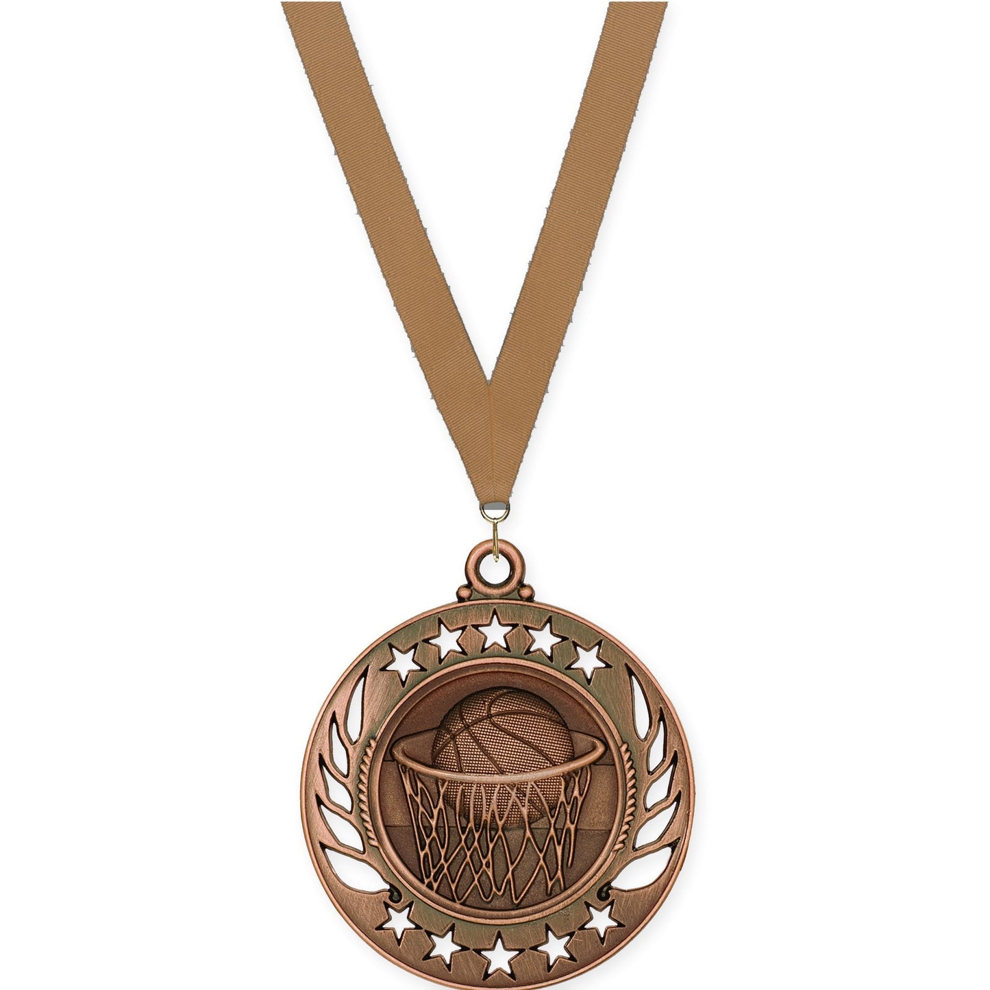 2 1/4 inch basketball Galaxy medal in antique bronze with Bronze Metallic neck ribbon