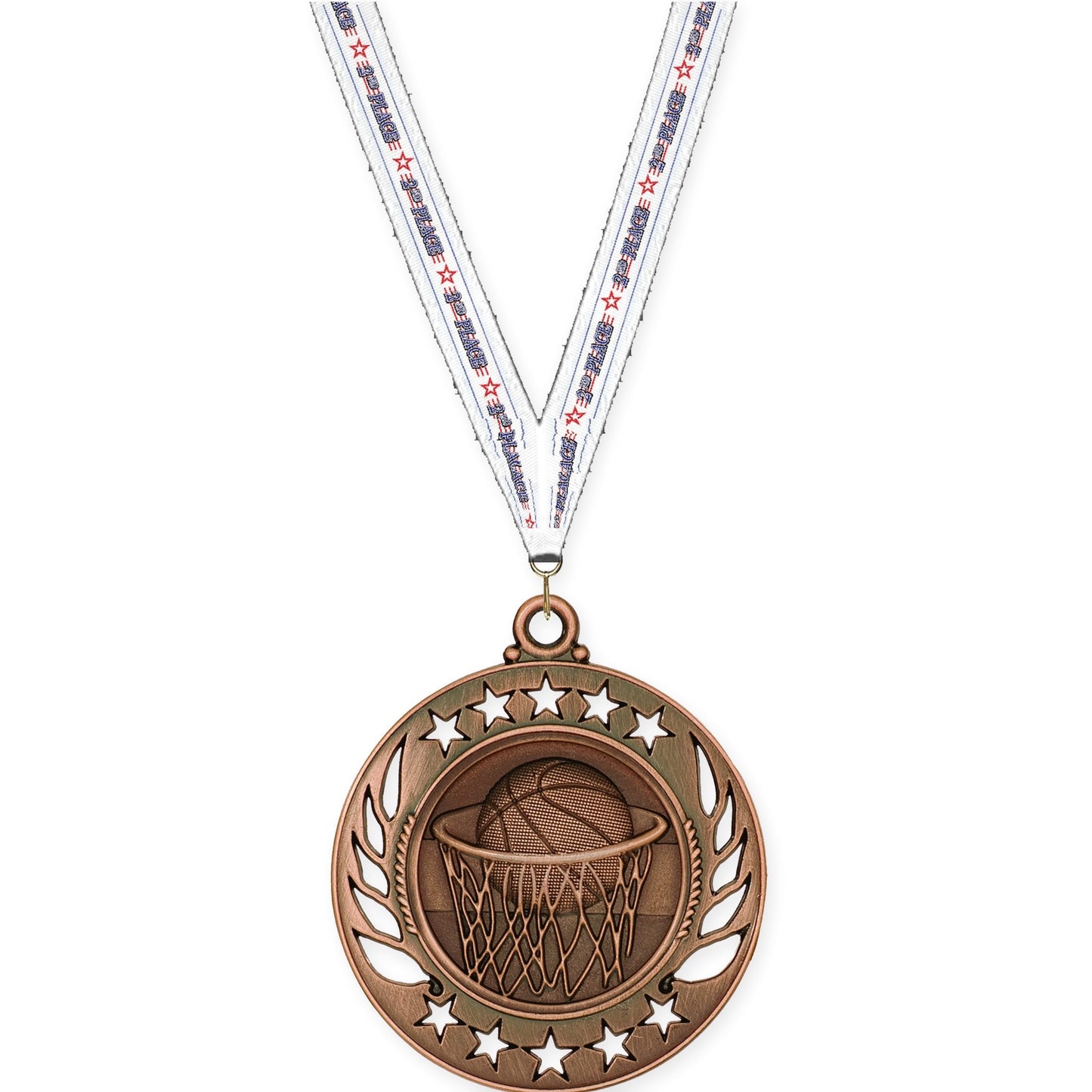 2 1/4 inch basketball Galaxy medal in antique bronze with 2nd Place neck ribbon