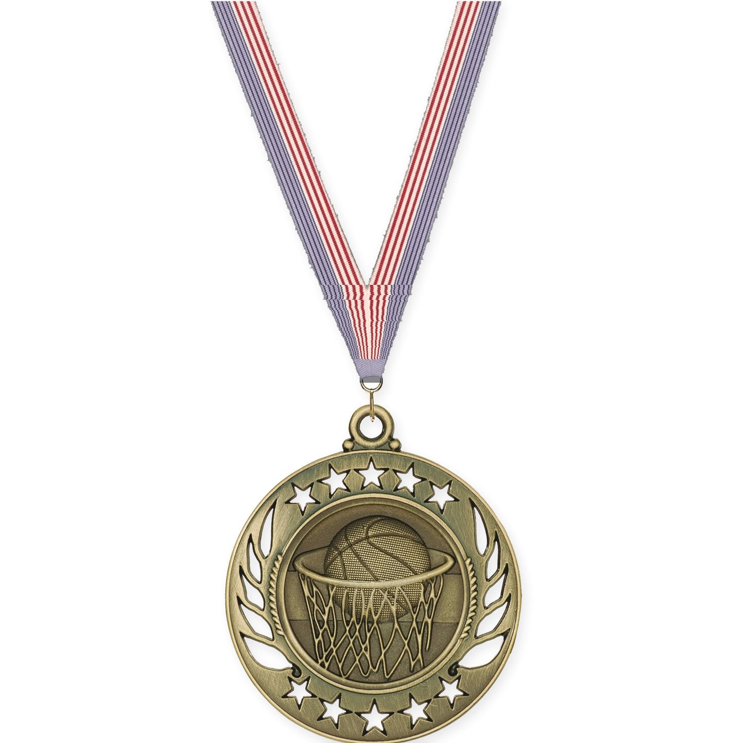 2 1/4 inch basketball Galaxy medal in antique gold with USA Flag neck ribbon