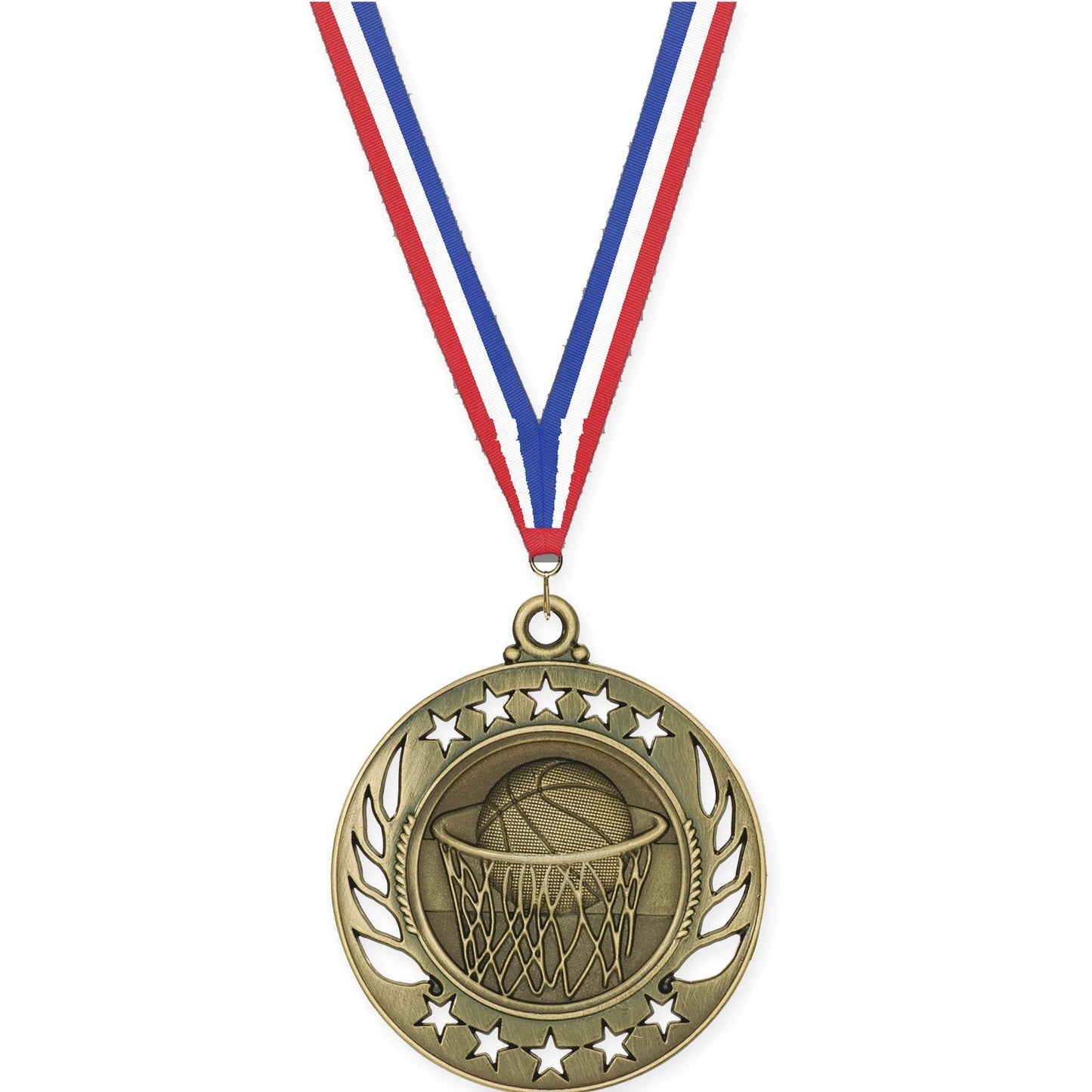 2 1/4 inch basketball Galaxy medal in antique gold with Red White Blue neck ribbon