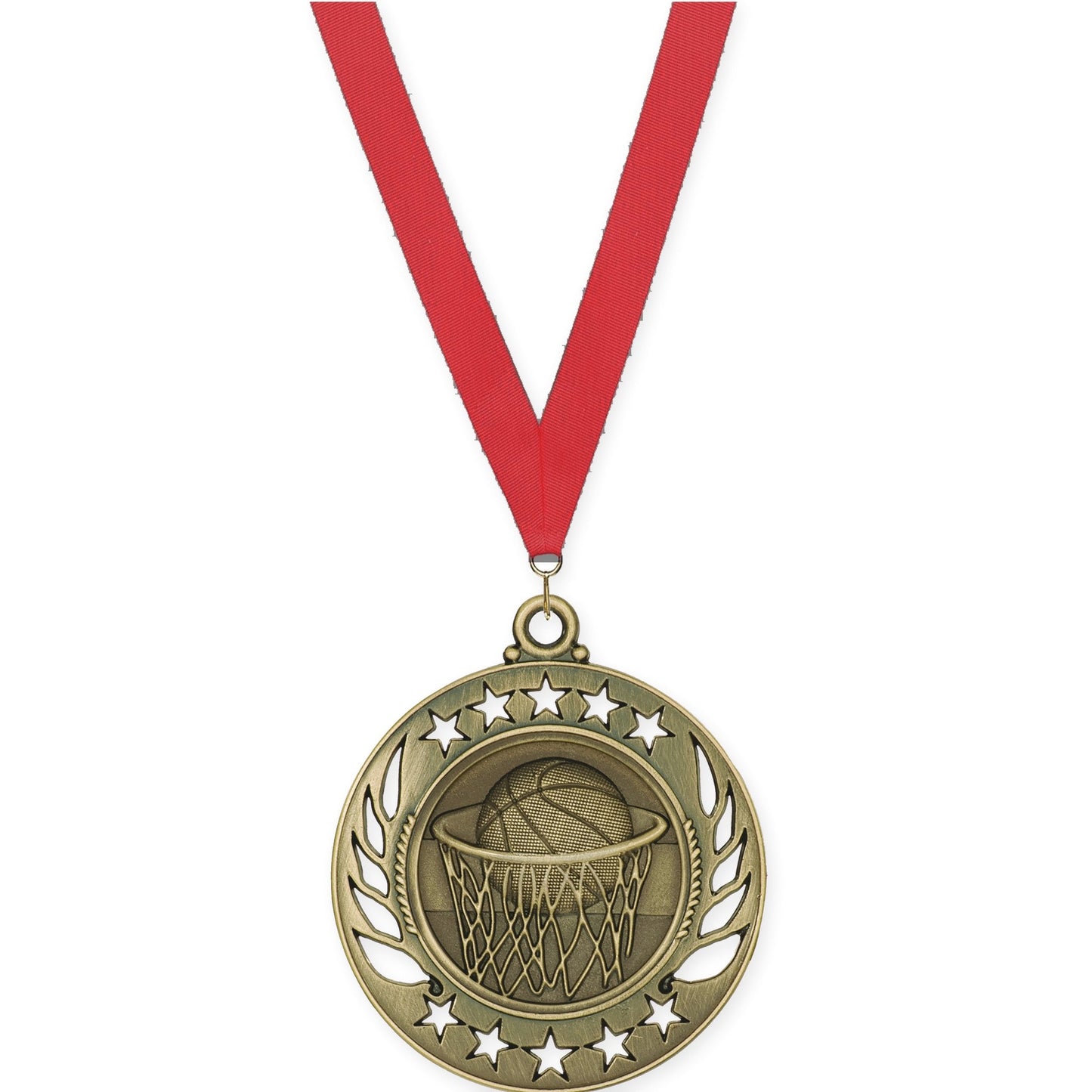 2 1/4 inch basketball Galaxy medal in antique gold with Red neck ribbon
