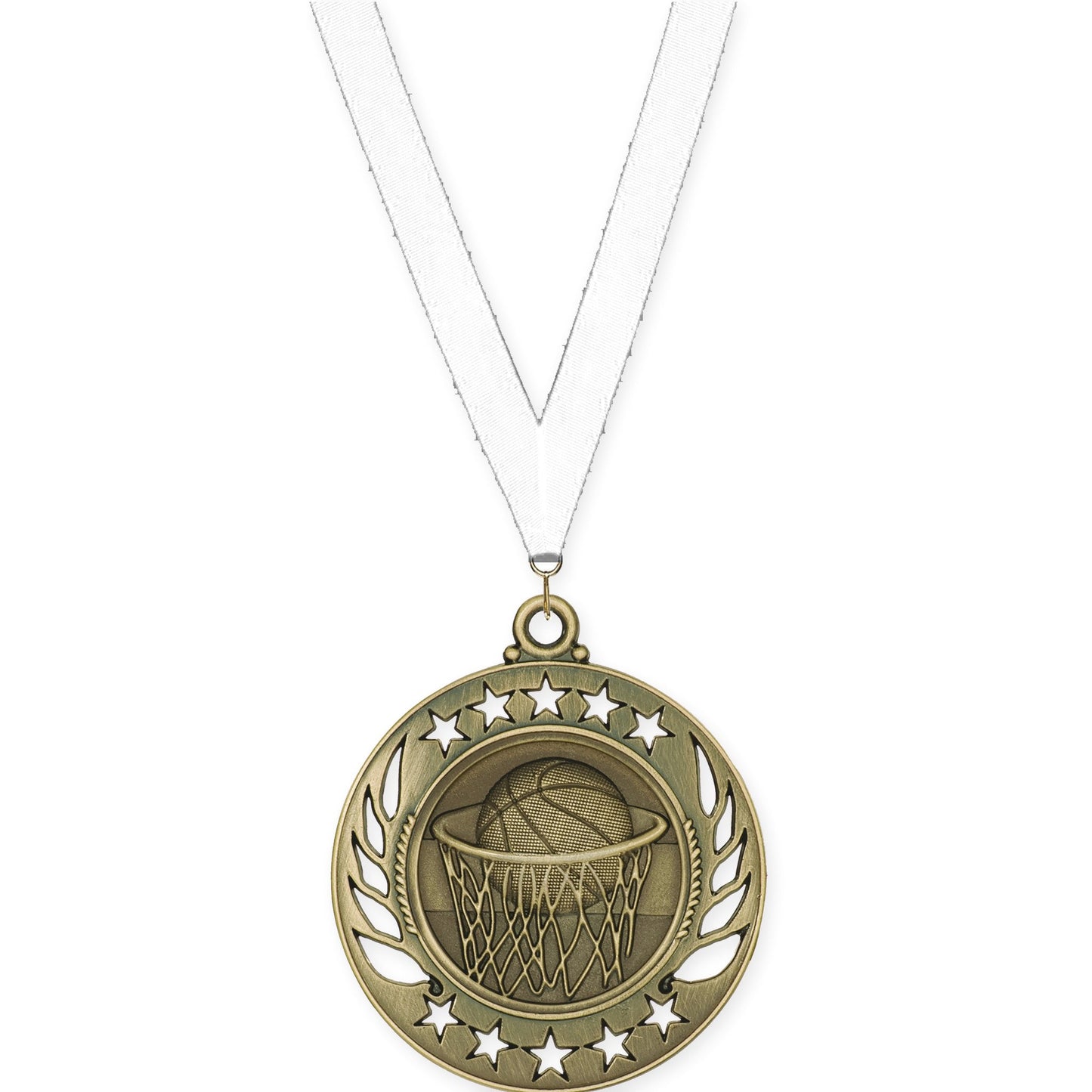 2 1/4 inch basketball Galaxy medal in antique gold with White neck ribbon