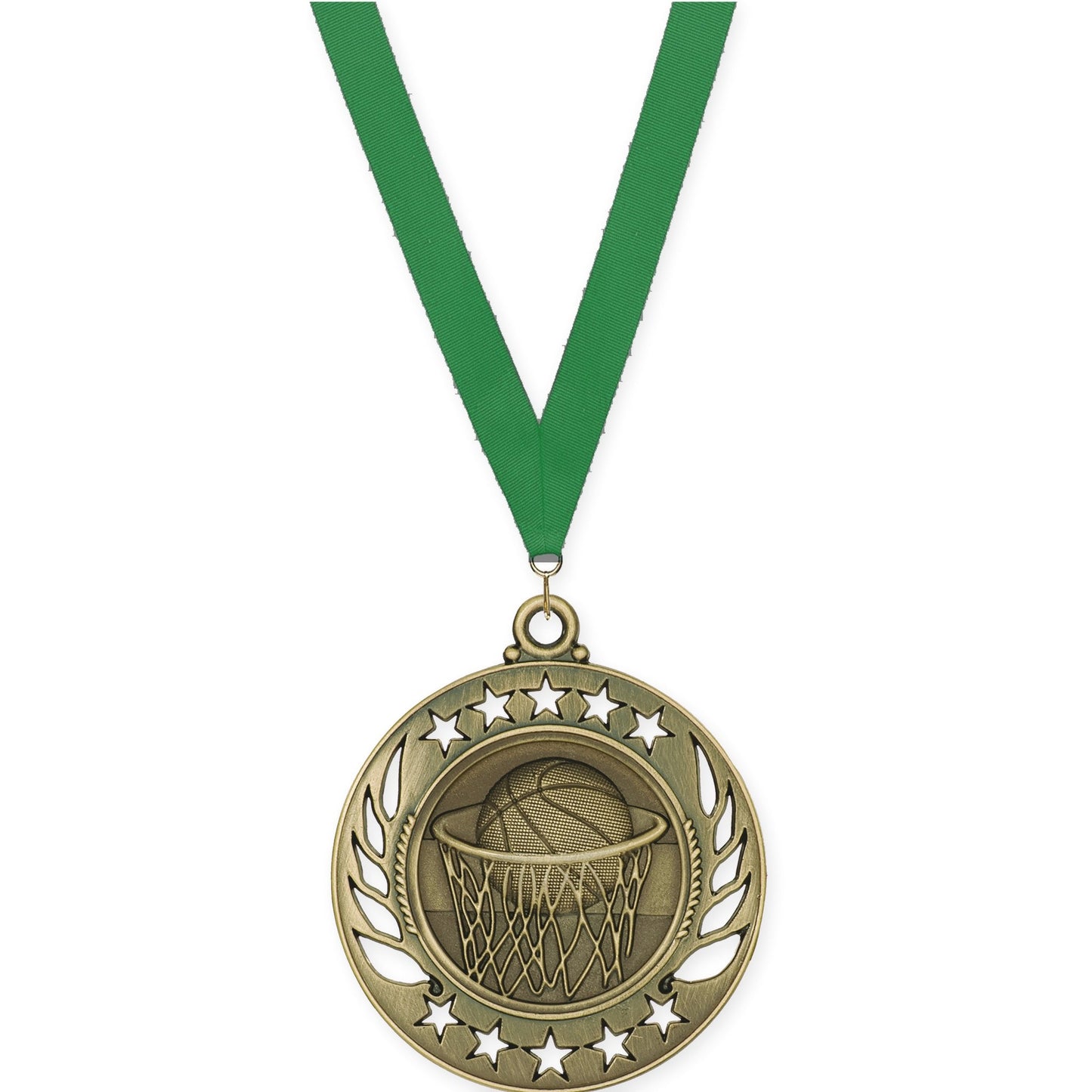 2 1/4 inch basketball Galaxy medal in antique gold with Green neck ribbon