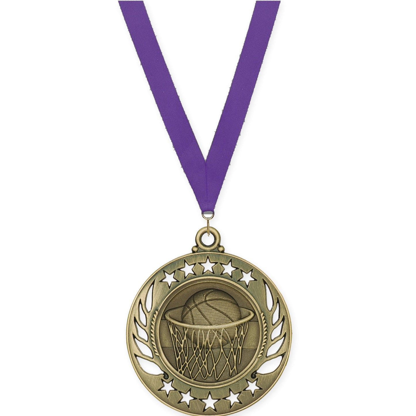 2 1/4 inch basketball Galaxy medal in antique gold with Purple neck ribbon