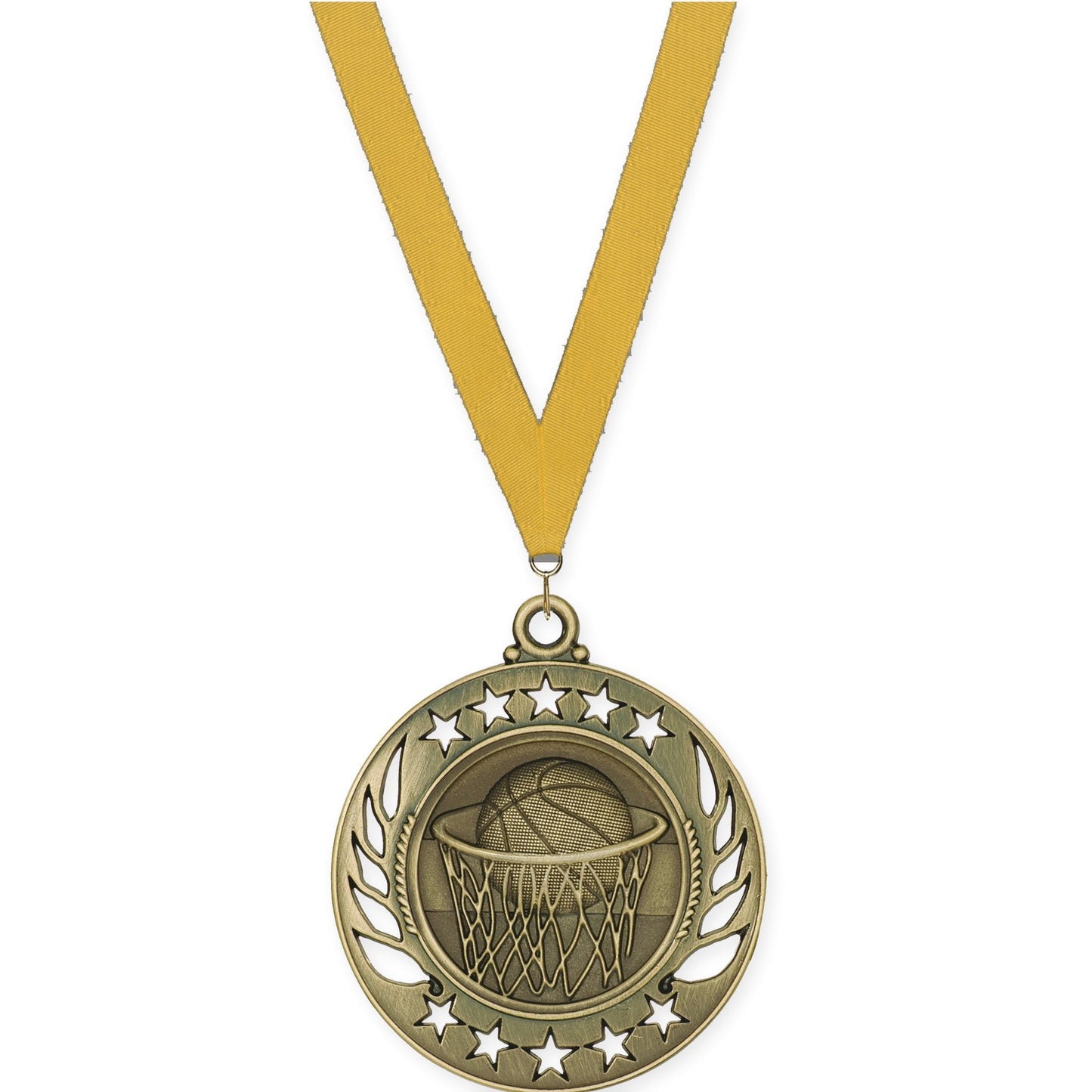2 1/4 inch basketball Galaxy medal in antique gold with Gold neck ribbon