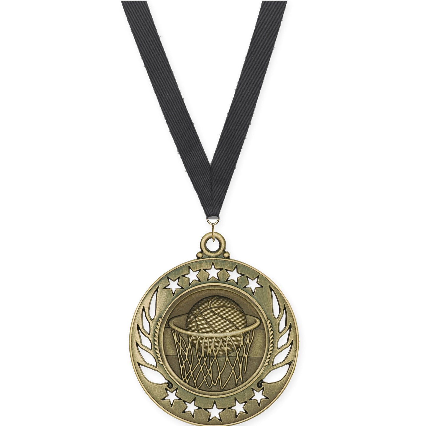 2 1/4 inch basketball Galaxy medal in antique gold with Black neck ribbon
