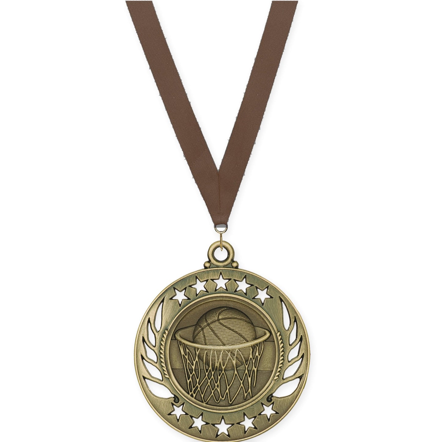 2 1/4 inch basketball Galaxy medal in antique gold with Brown neck ribbon