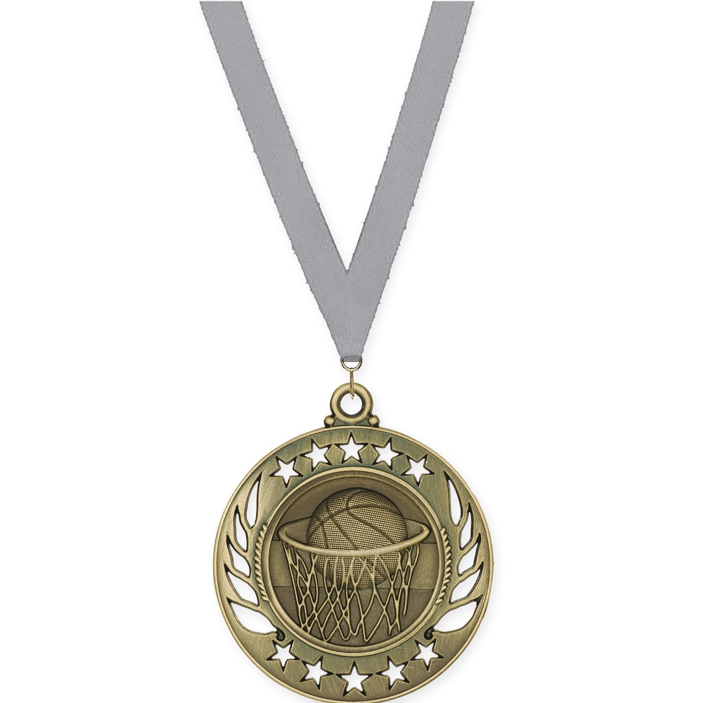 2 1/4 inch basketball Galaxy medal in antique gold with Gray neck ribbon