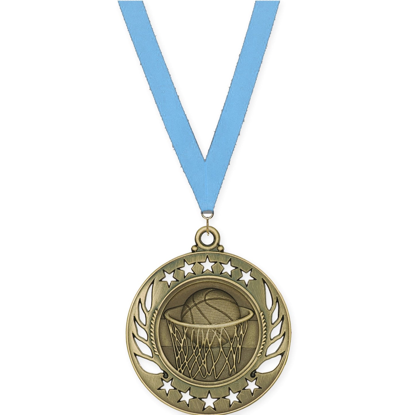 2 1/4 inch basketball Galaxy medal in antique gold with Light Blue neck ribbon