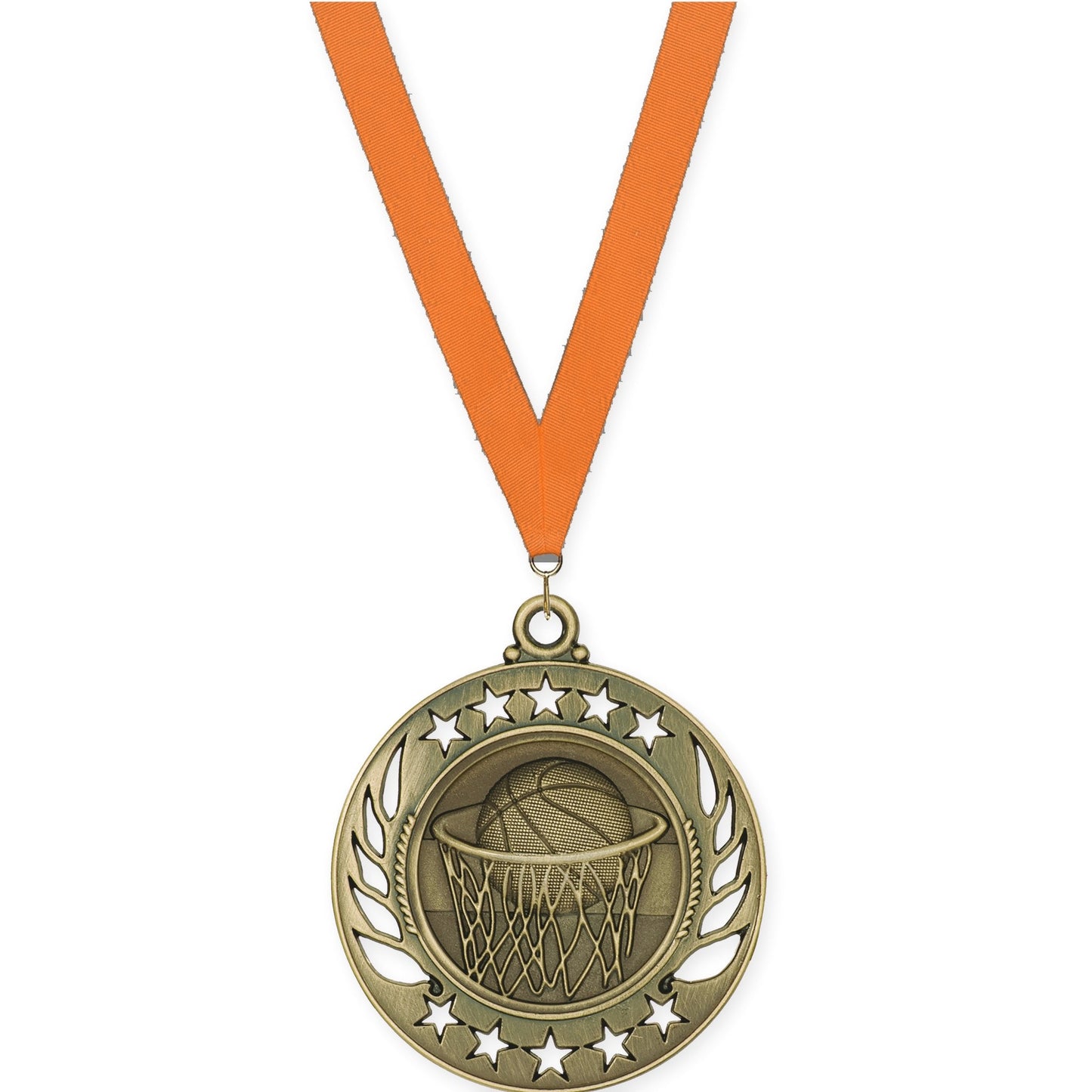 2 1/4 inch basketball Galaxy medal in antique gold with Orange neck ribbon