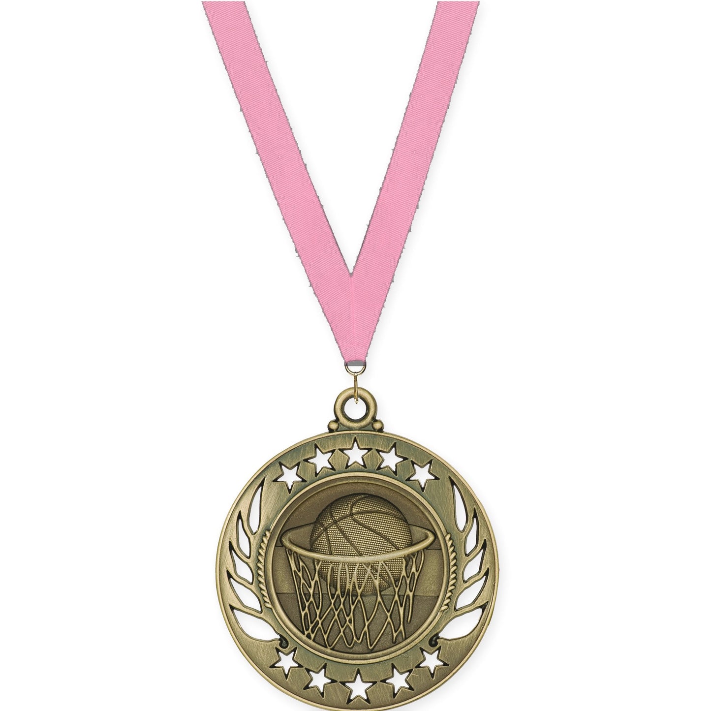 2 1/4 inch basketball Galaxy medal in antique gold with Pink neck ribbon