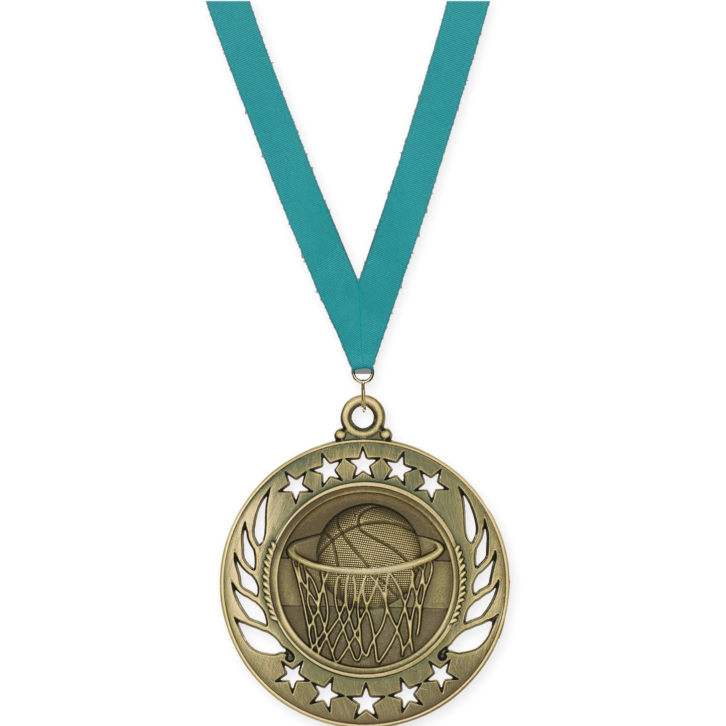 2 1/4 inch basketball Galaxy medal in antique gold with Teal neck ribbon