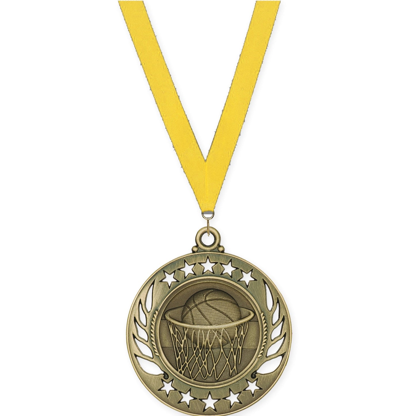2 1/4 inch basketball Galaxy medal in antique gold with Yellow neck ribbon