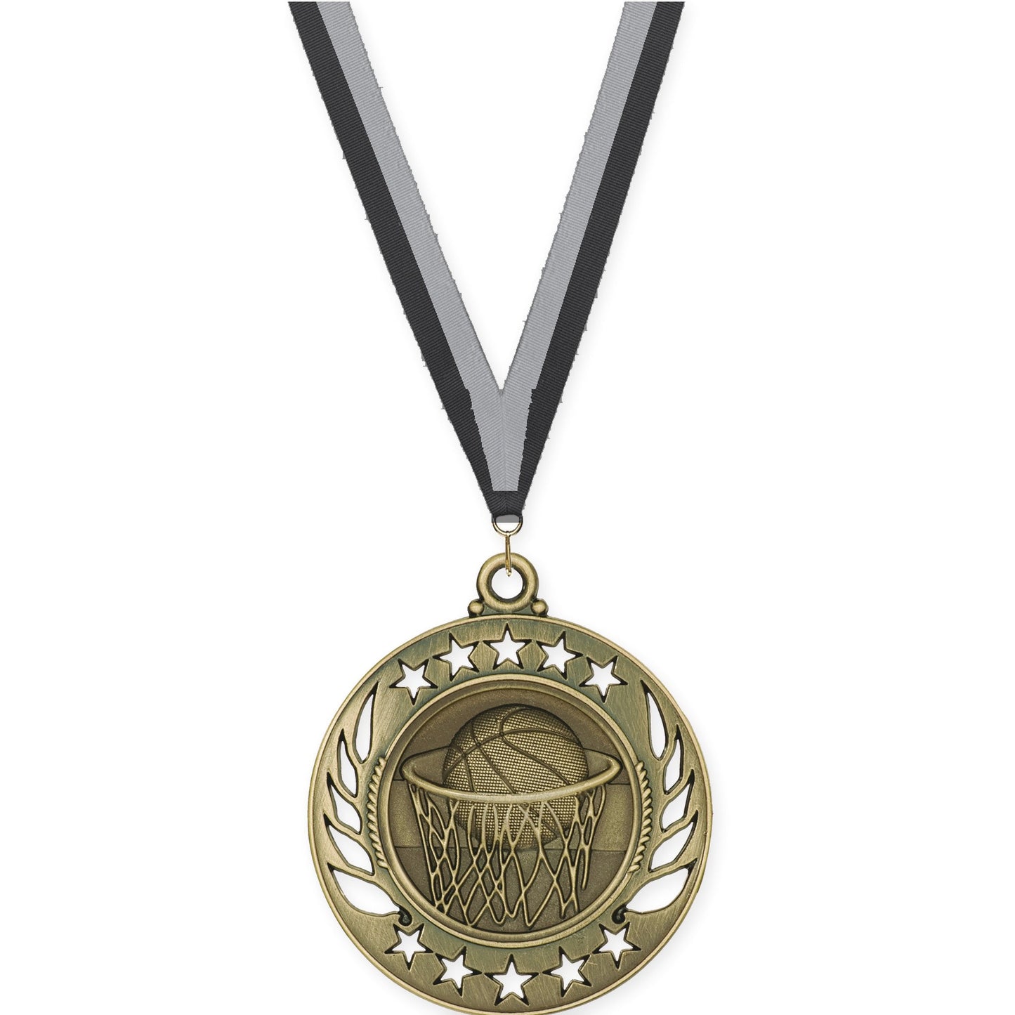 2 1/4 inch basketball Galaxy medal in antique gold with Black Gray neck ribbon