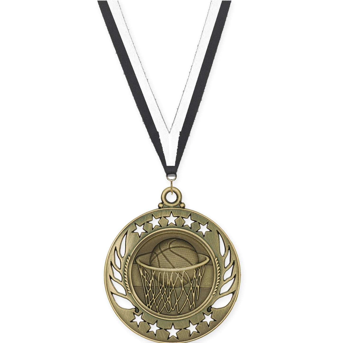 2 1/4 inch basketball Galaxy medal in antique gold with Black White neck ribbon