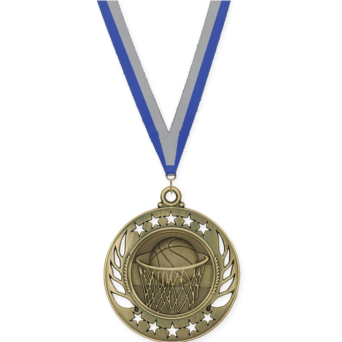 2 1/4 inch basketball Galaxy medal in antique gold with Blue Gray neck ribbon