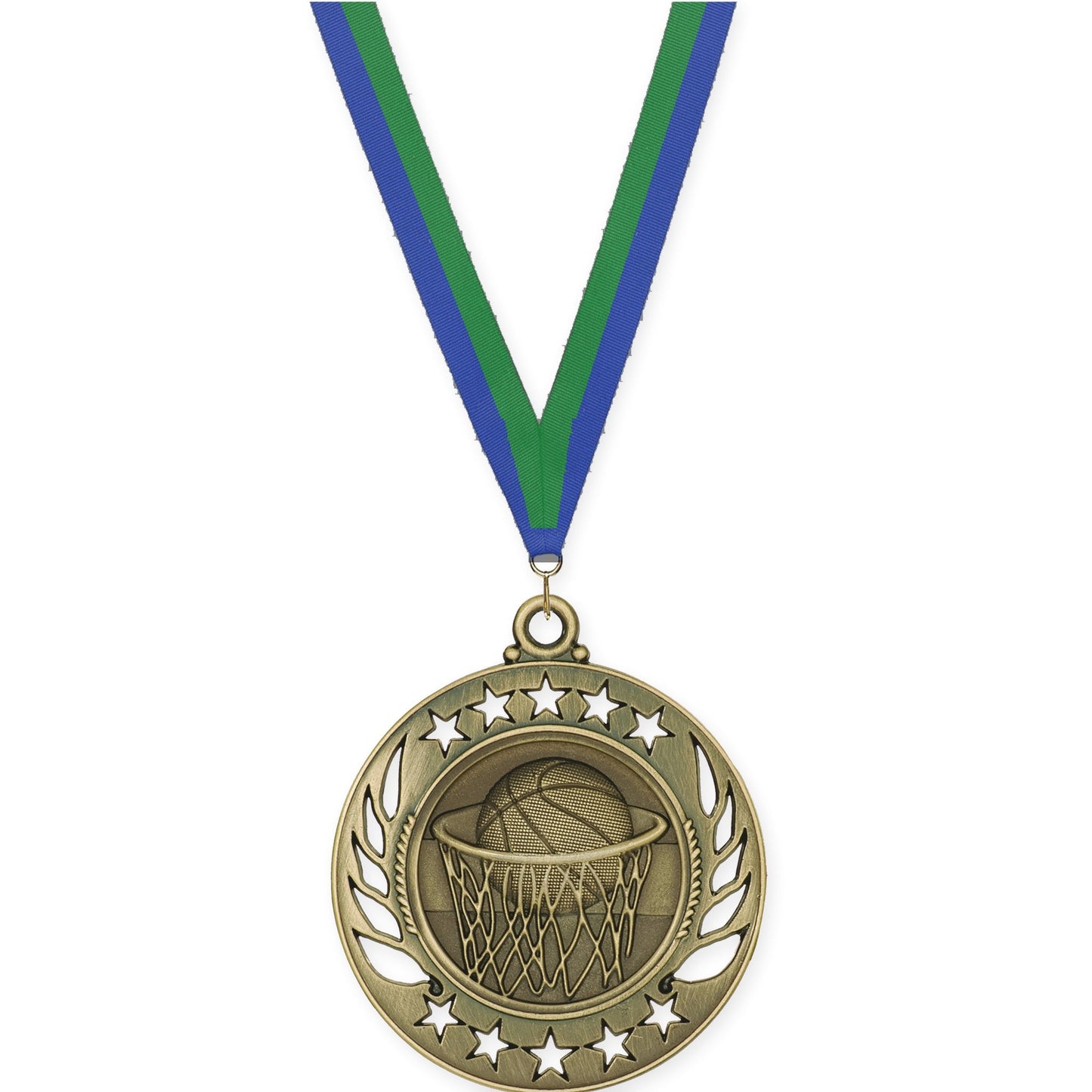 2 1/4 inch basketball Galaxy medal in antique gold with Blue Green neck ribbon