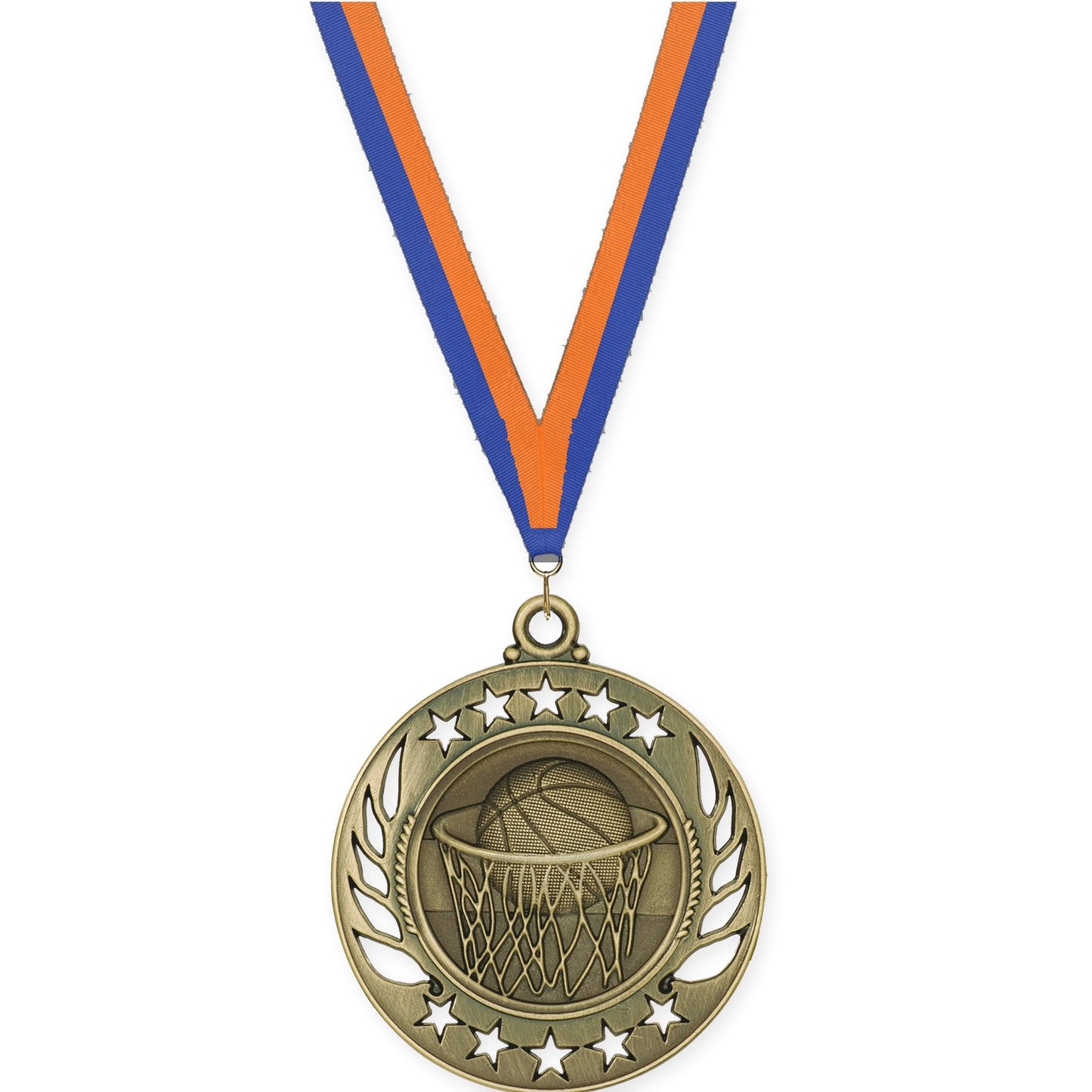 2 1/4 inch basketball Galaxy medal in antique gold with Blue Orange neck ribbon