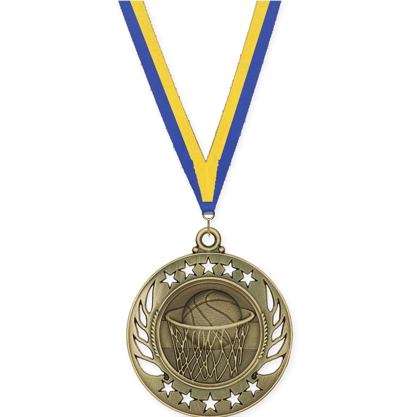 2 1/4 inch basketball Galaxy medal in antique gold with Blue Yellow neck ribbon