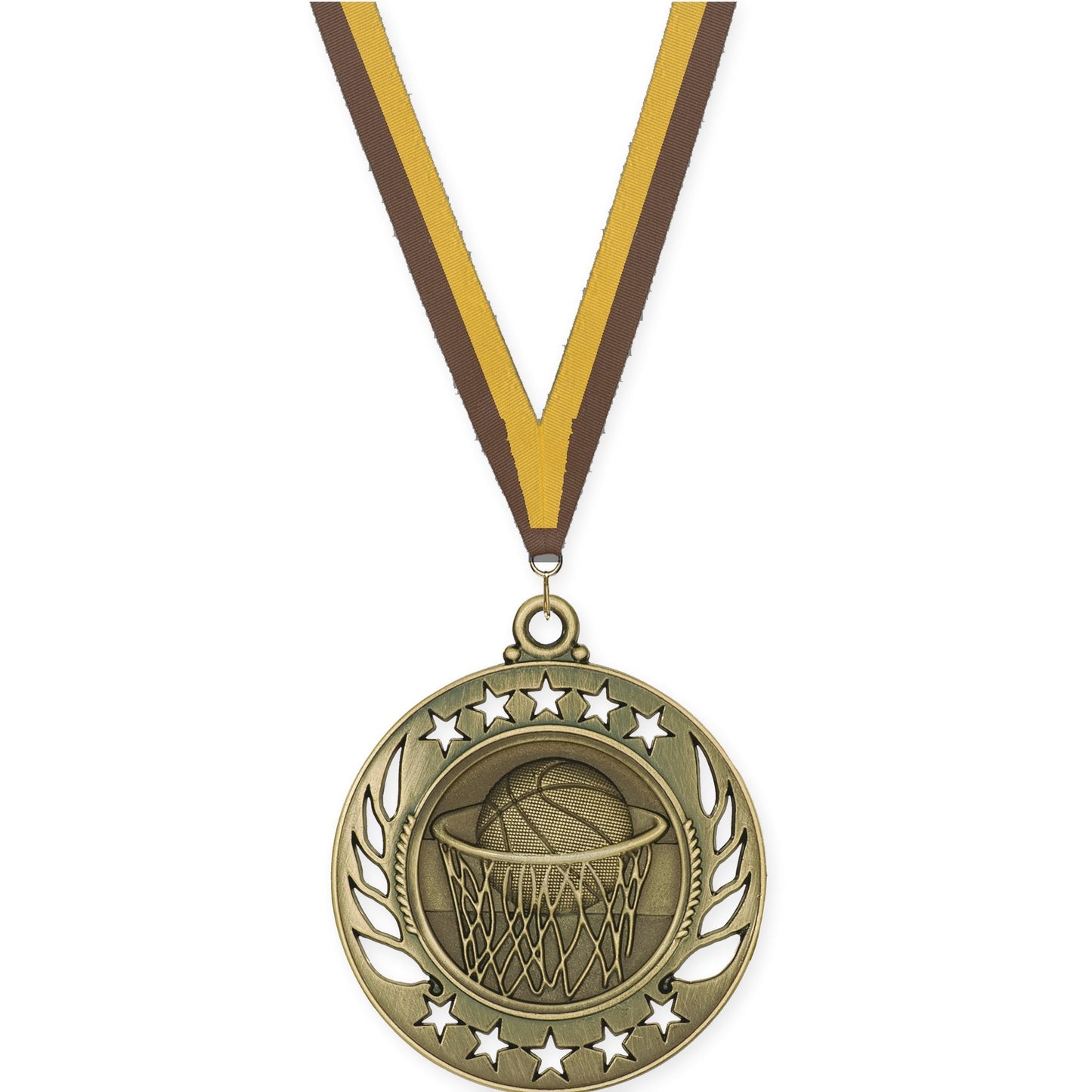 2 1/4 inch basketball Galaxy medal in antique gold with Brown Gold neck ribbon