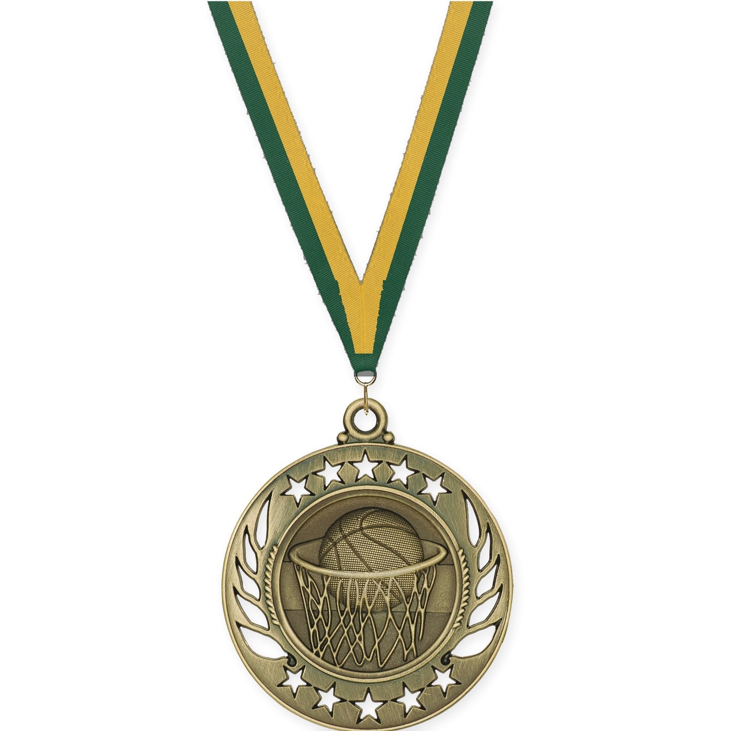 2 1/4 inch basketball Galaxy medal in antique gold with Hunter Green Gold neck ribbon