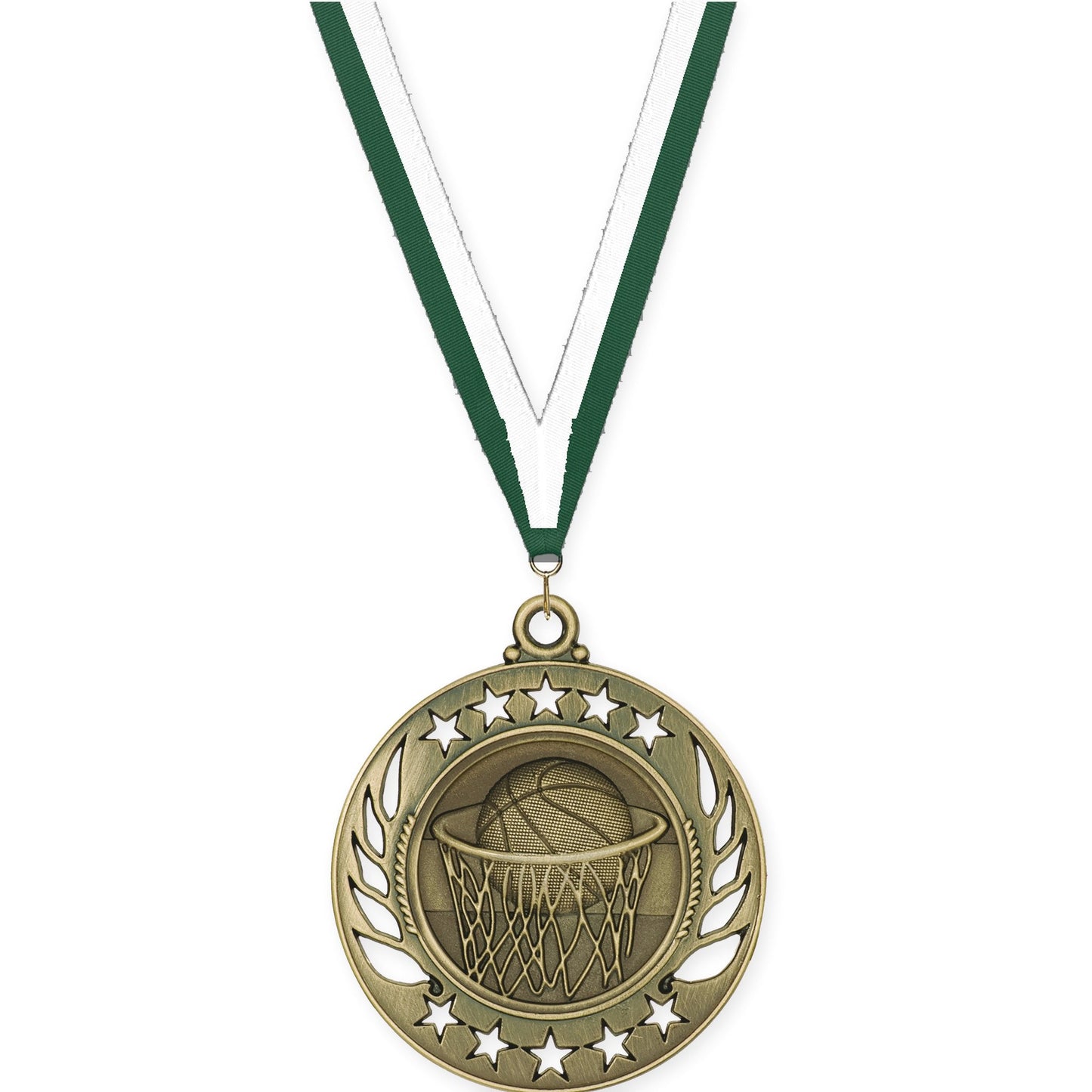 2 1/4 inch basketball Galaxy medal in antique gold with Hunter Green White neck ribbon