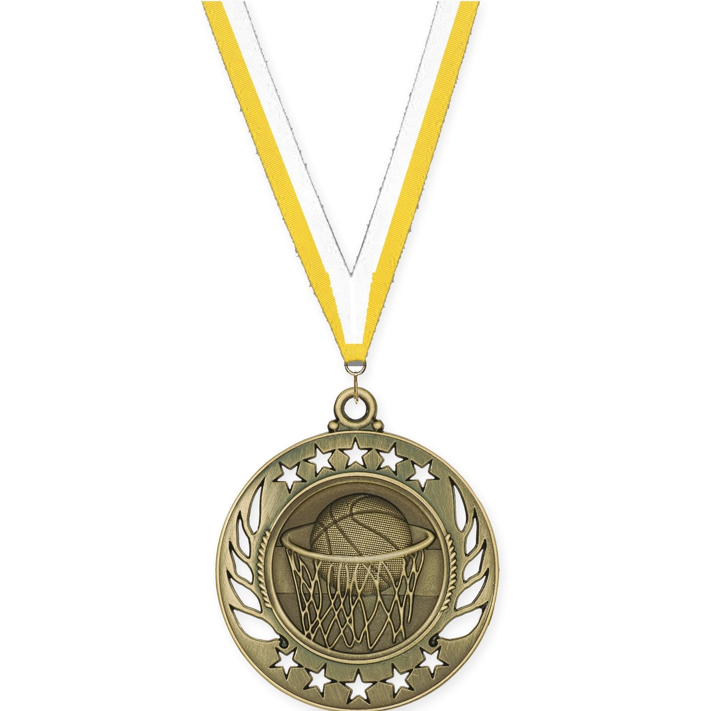 2 1/4 inch basketball Galaxy medal in antique gold with Yellow White neck ribbon
