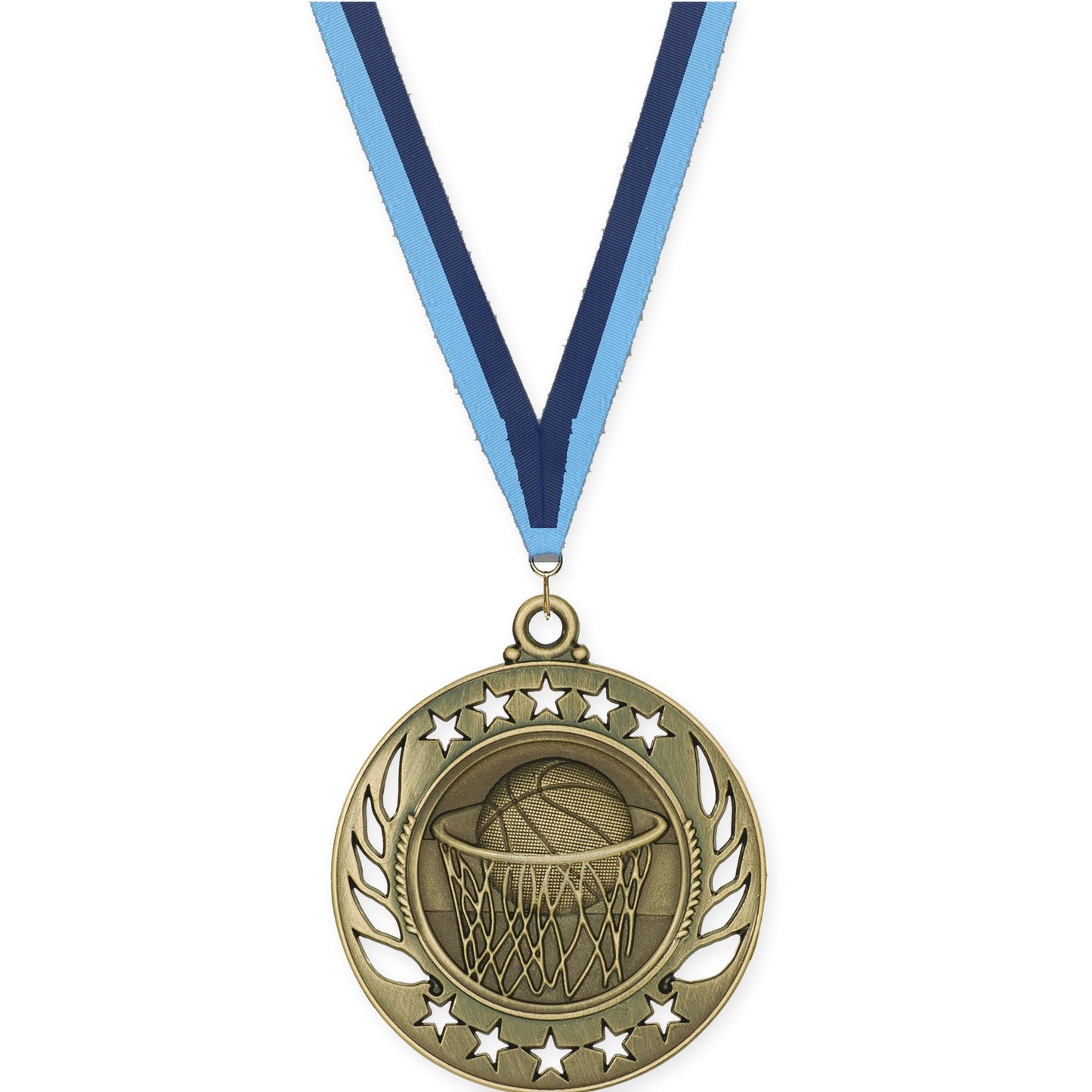 2 1/4 inch basketball Galaxy medal in antique gold with Light Blue Navy neck ribbon