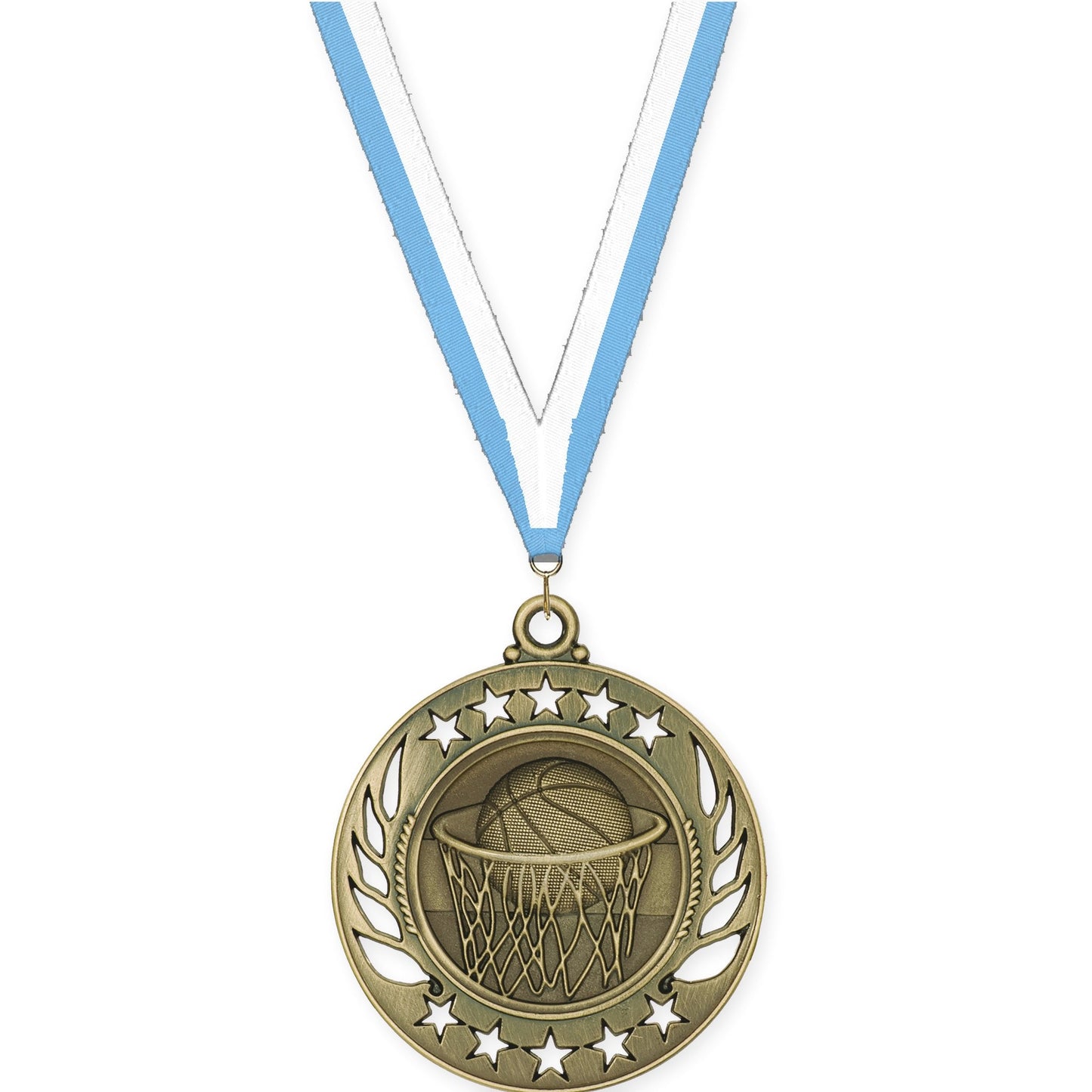 2 1/4 inch basketball Galaxy medal in antique gold with Light Blue White neck ribbon