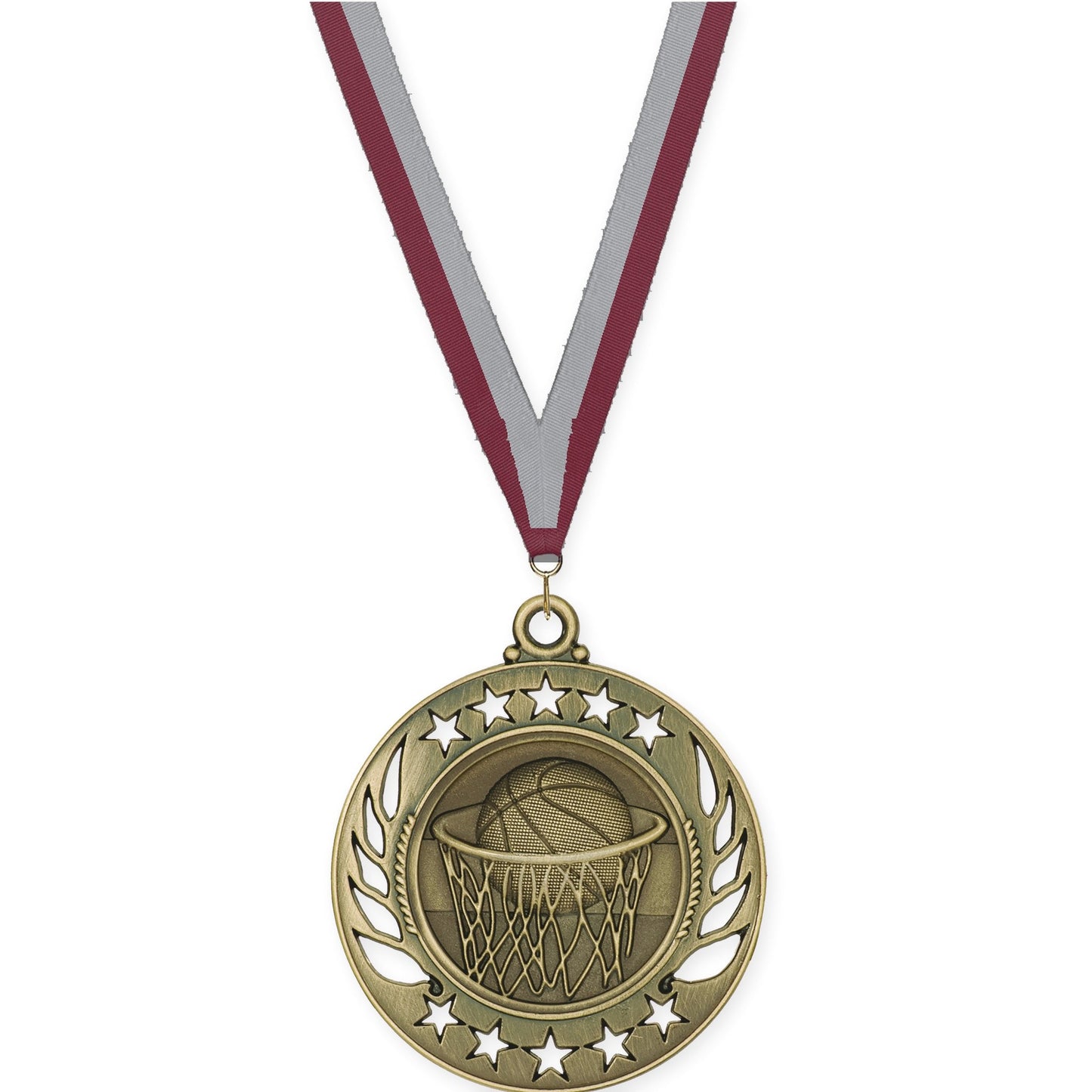 2 1/4 inch basketball Galaxy medal in antique gold with Maroon Gray neck ribbon