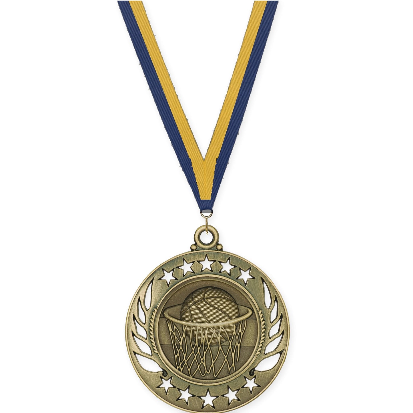 2 1/4 inch basketball Galaxy medal in antique gold with Navy Gold neck ribbon