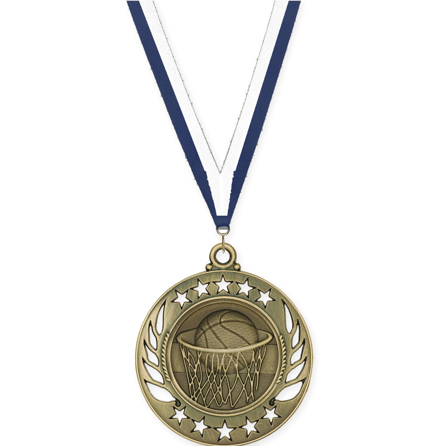 2 1/4 inch basketball Galaxy medal in antique gold with Navy White neck ribbon