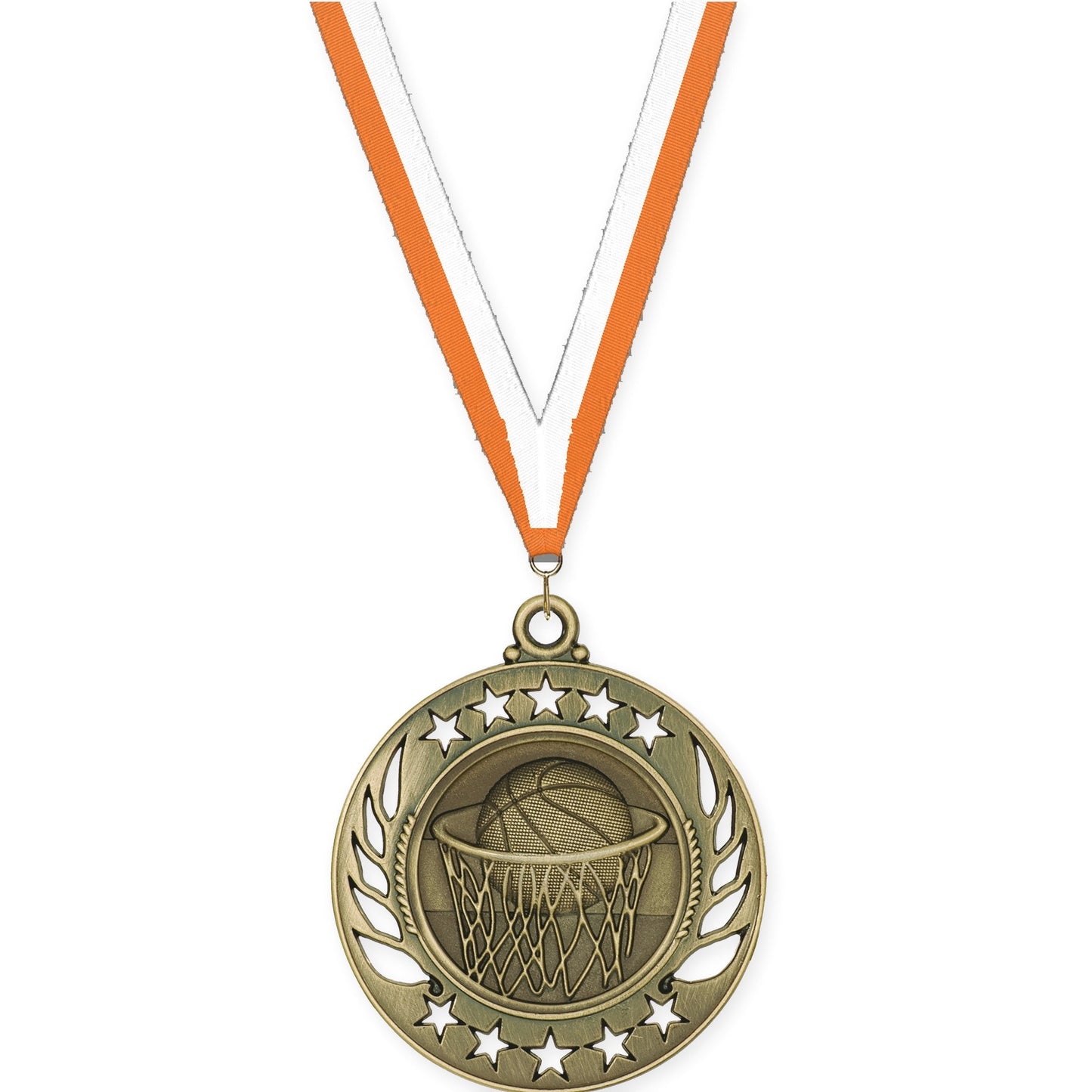 2 1/4 inch basketball Galaxy medal in antique gold with Orange White neck ribbon