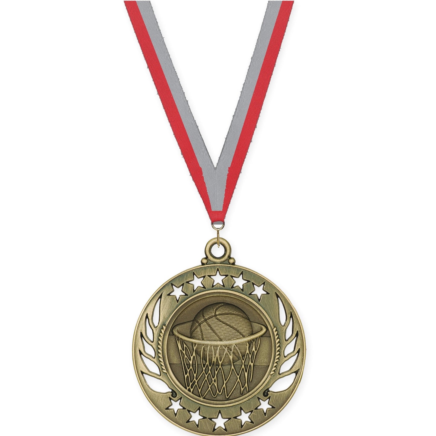 2 1/4 inch basketball Galaxy medal in antique gold with Red Gray neck ribbon