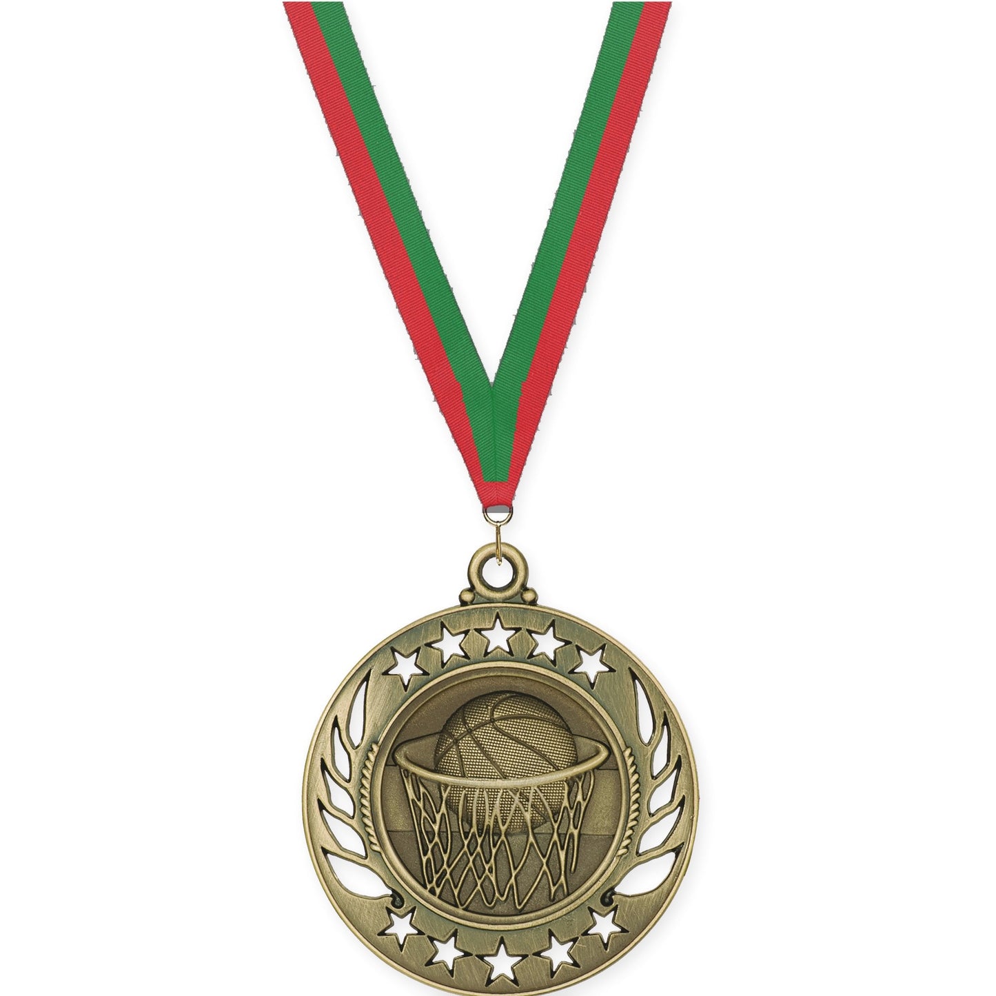 2 1/4 inch basketball Galaxy medal in antique gold with Red Green neck ribbon