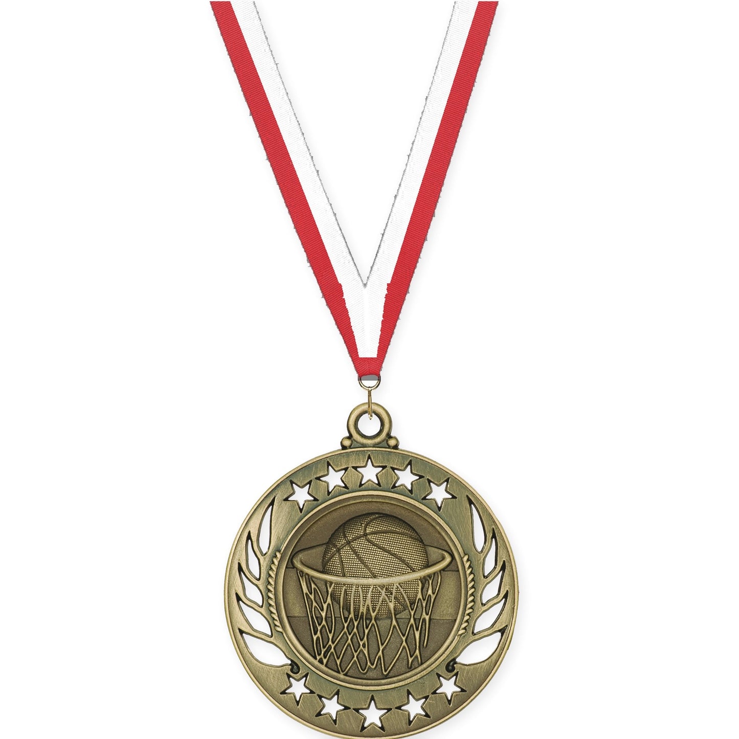 2 1/4 inch basketball Galaxy medal in antique gold with Red White neck ribbon
