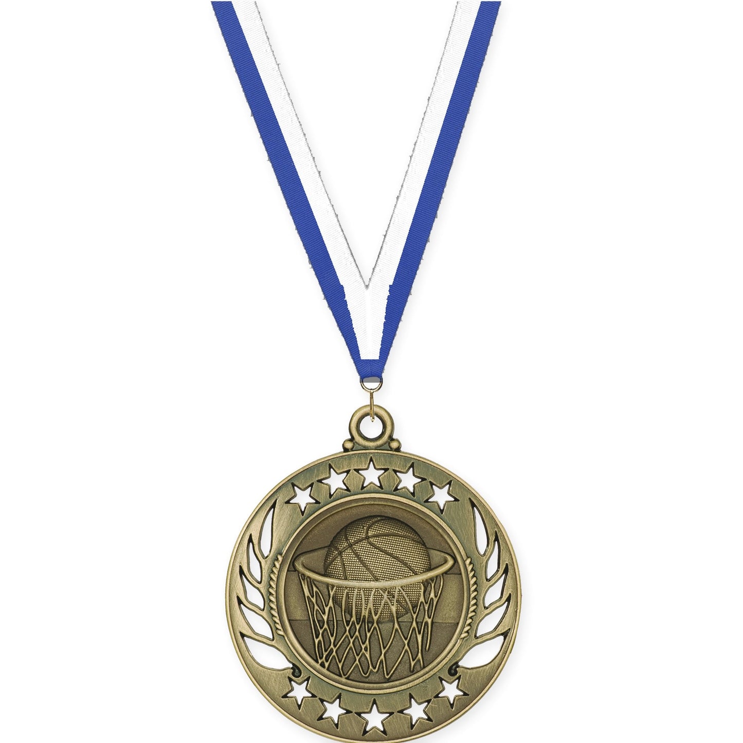 2 1/4 inch basketball Galaxy medal in antique gold with Blue White neck ribbon