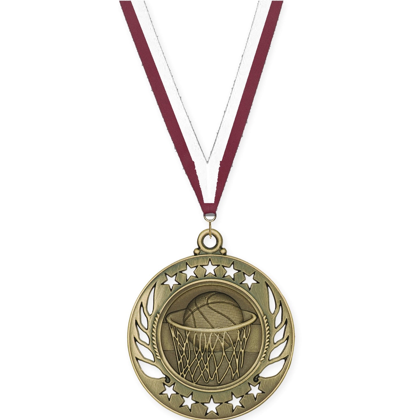 2 1/4 inch basketball Galaxy medal in antique gold with Maroon White neck ribbon