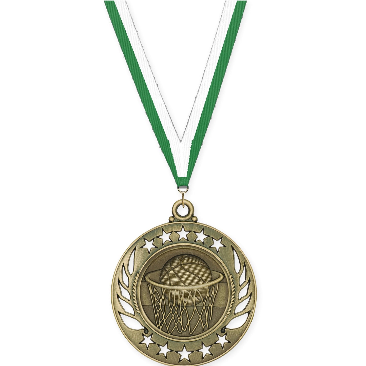 2 1/4 inch basketball Galaxy medal in antique gold with Green White neck ribbon