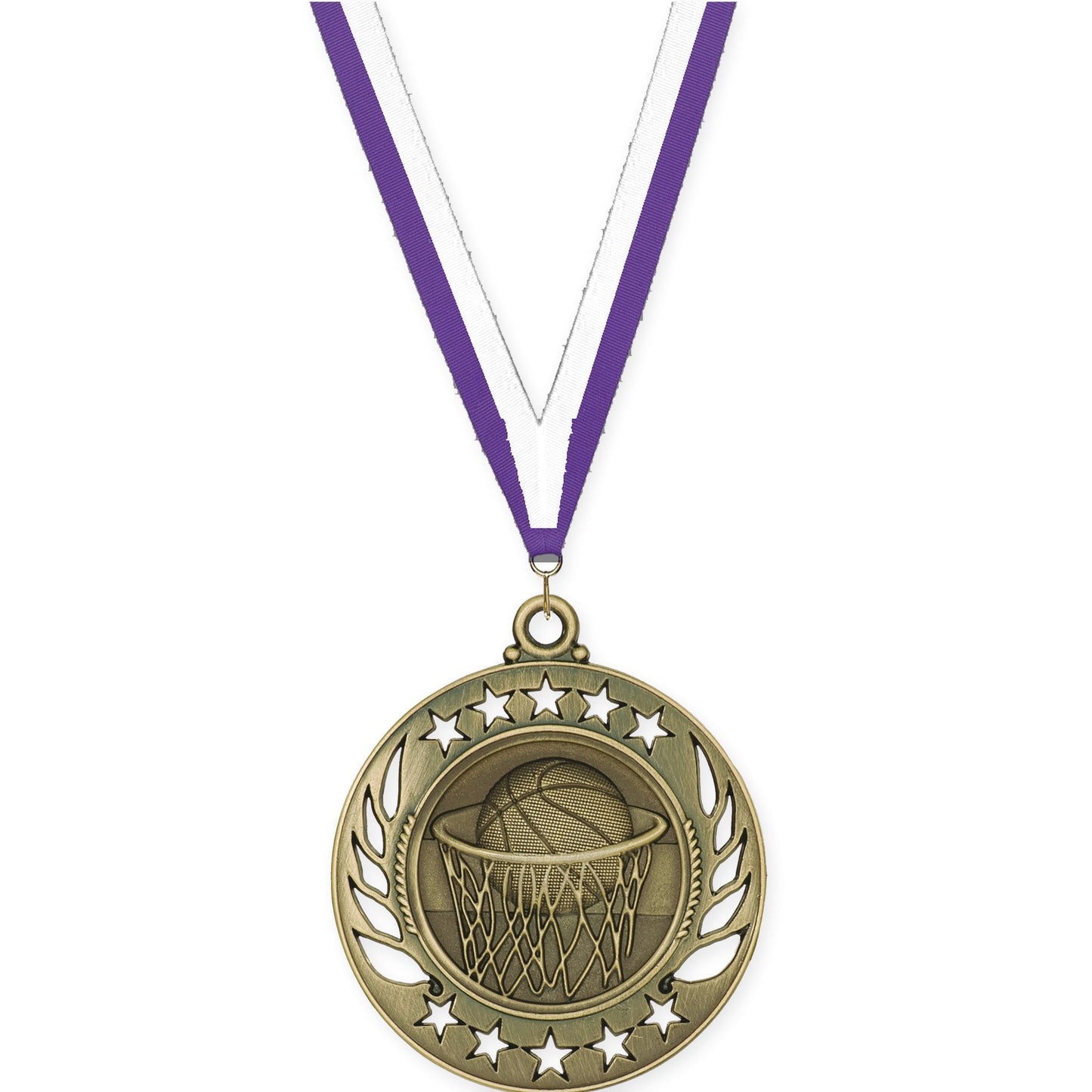 2 1/4 inch basketball Galaxy medal in antique gold with Purple White neck ribbon