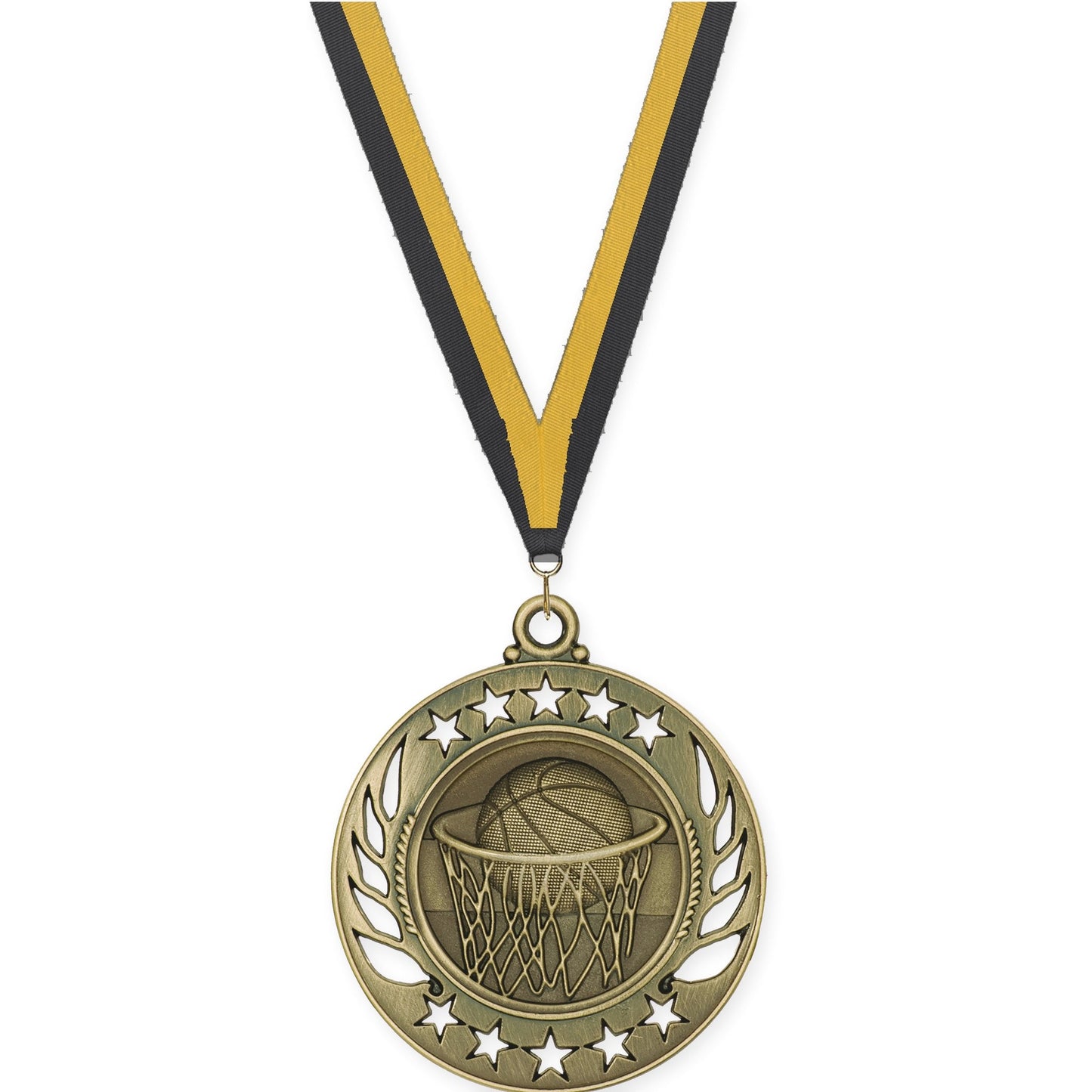 2 1/4 inch basketball Galaxy medal in antique gold with Black Gold neck ribbon