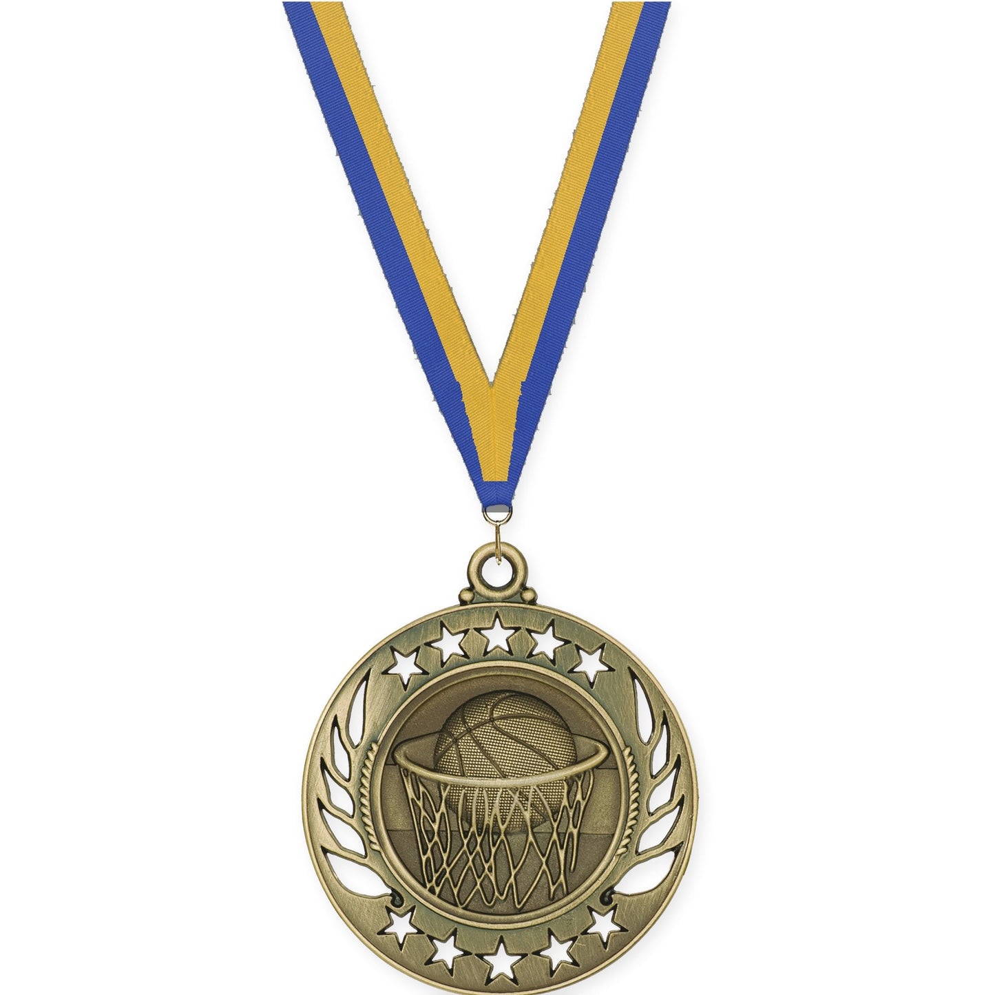 2 1/4 inch basketball Galaxy medal in antique gold with Blue Gold neck ribbon