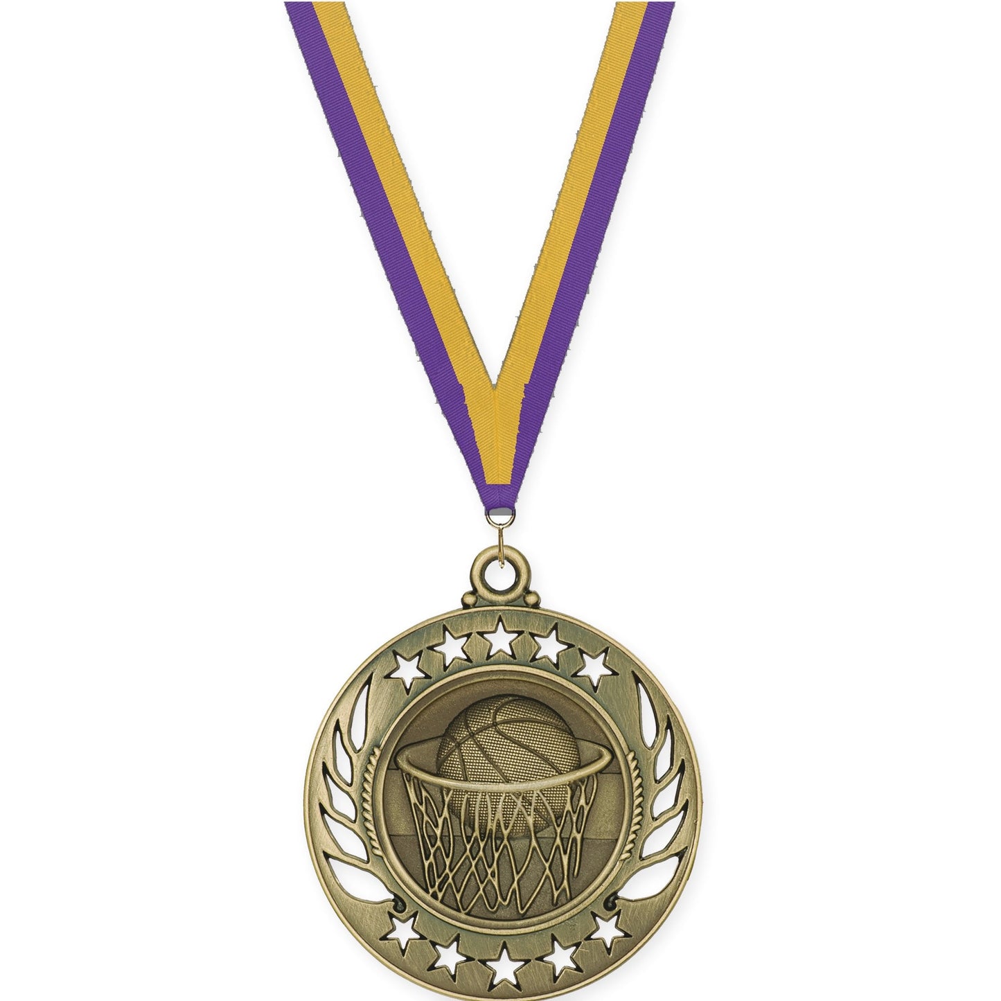 2 1/4 inch basketball Galaxy medal in antique gold with Purple Gold neck ribbon